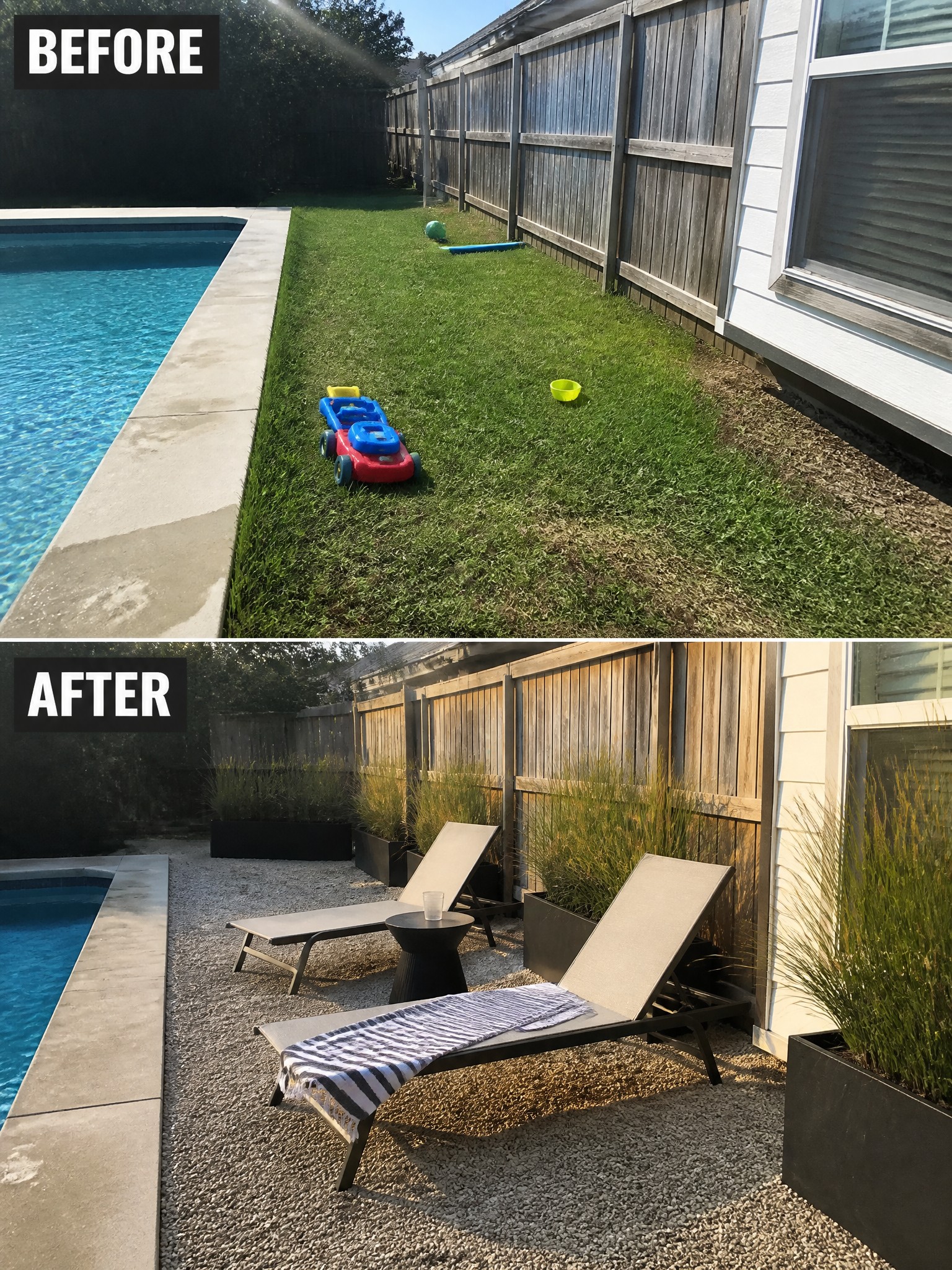 Before grassy poolside yard with toys, after gravel patio with lounge chairs and planters.