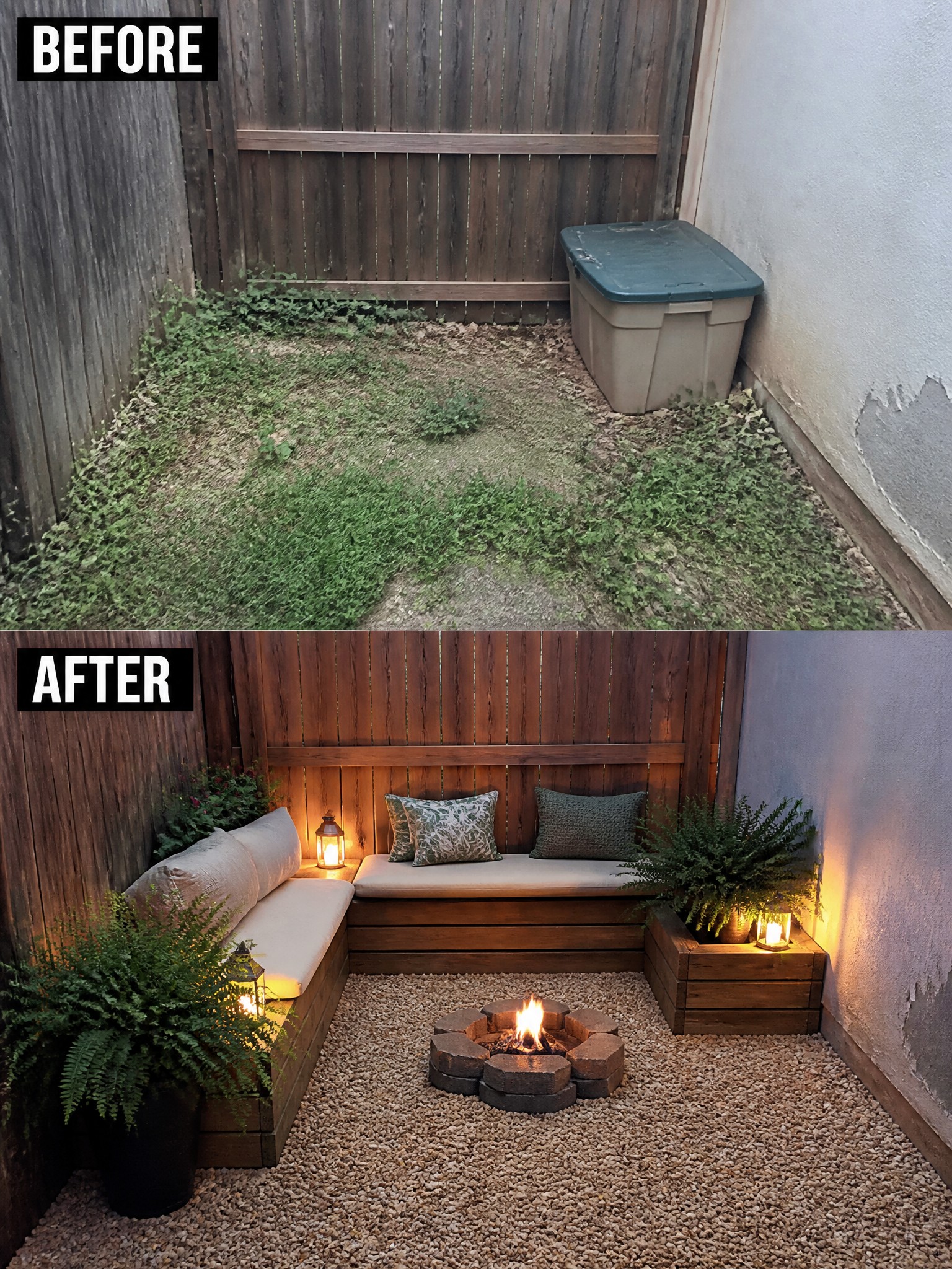Before and after of backyard with fire pit, bench, plants, and gravel.