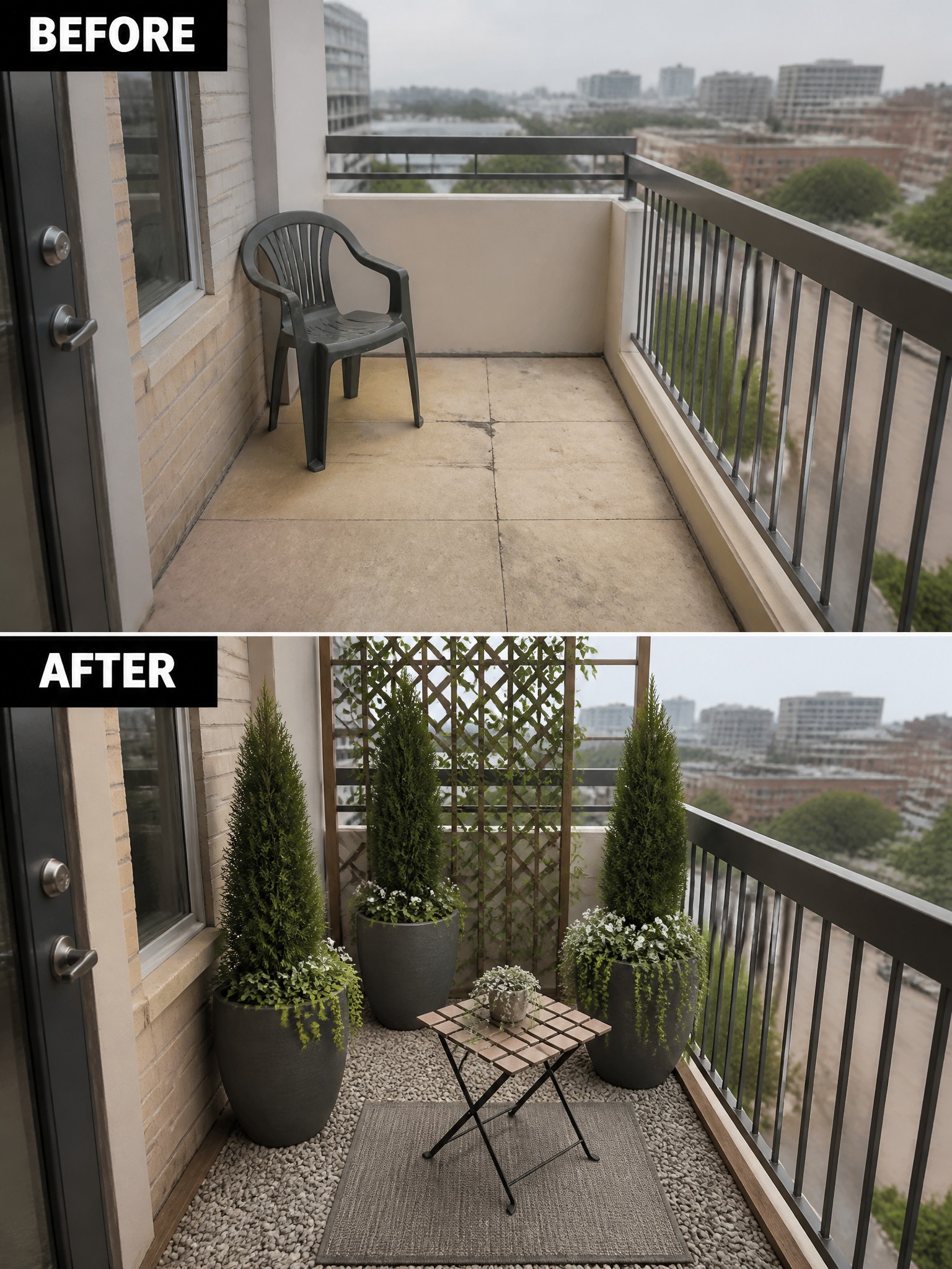 Before-and-after balcony transformation with potted plants, table, rug, and lattice screen.