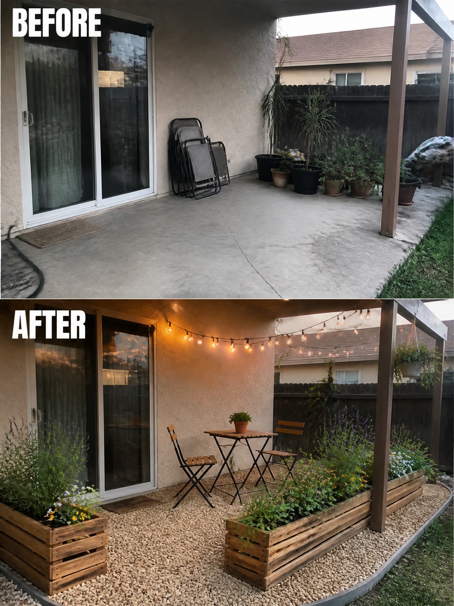 Before-and-after image of a bare concrete patio transformed into an outdoor seating area with gravel, wooden planters, string lights, and a small table set.