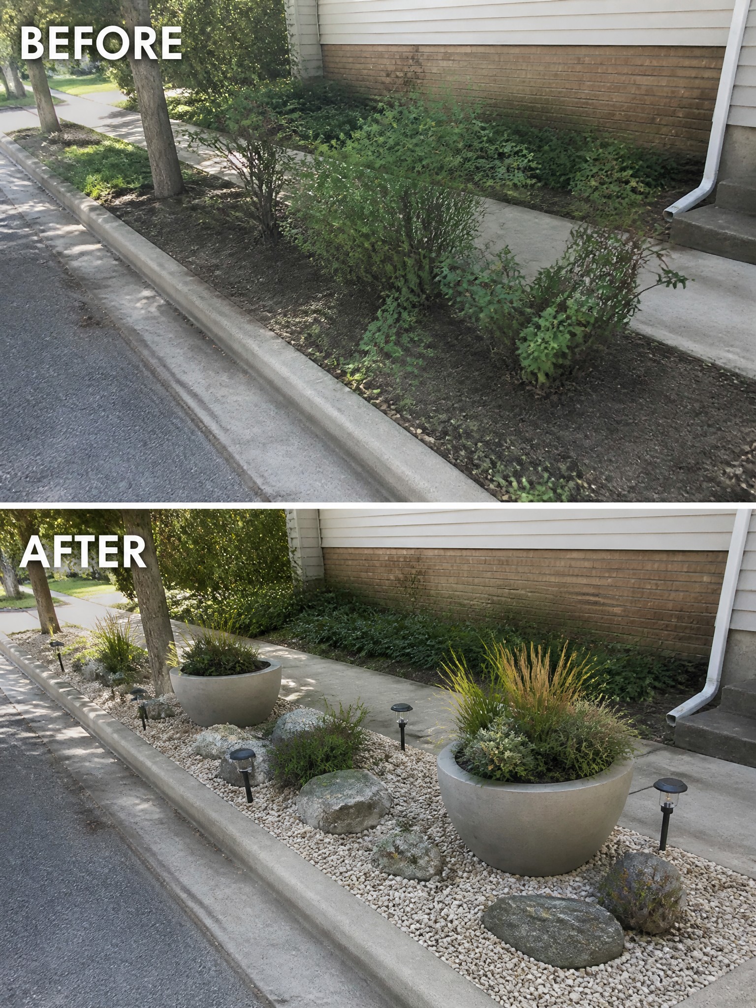 Before-and-after image of an overgrown garden bed along a sidewalk changed into a clean gravel border with large planters and rocks.