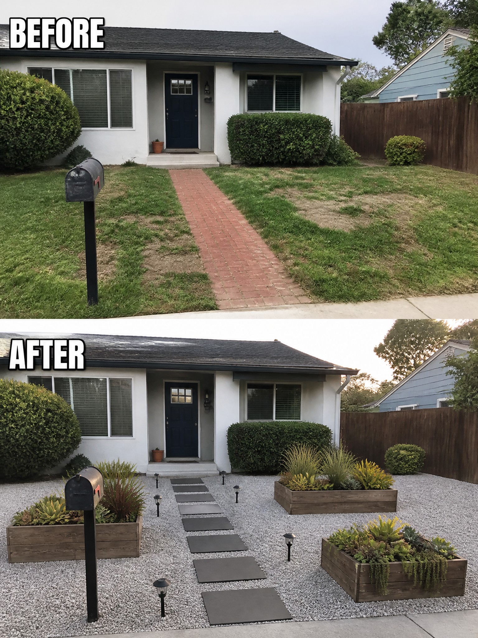 Before and after suburban front yard transformed with gravel, planters, and stepping stones.