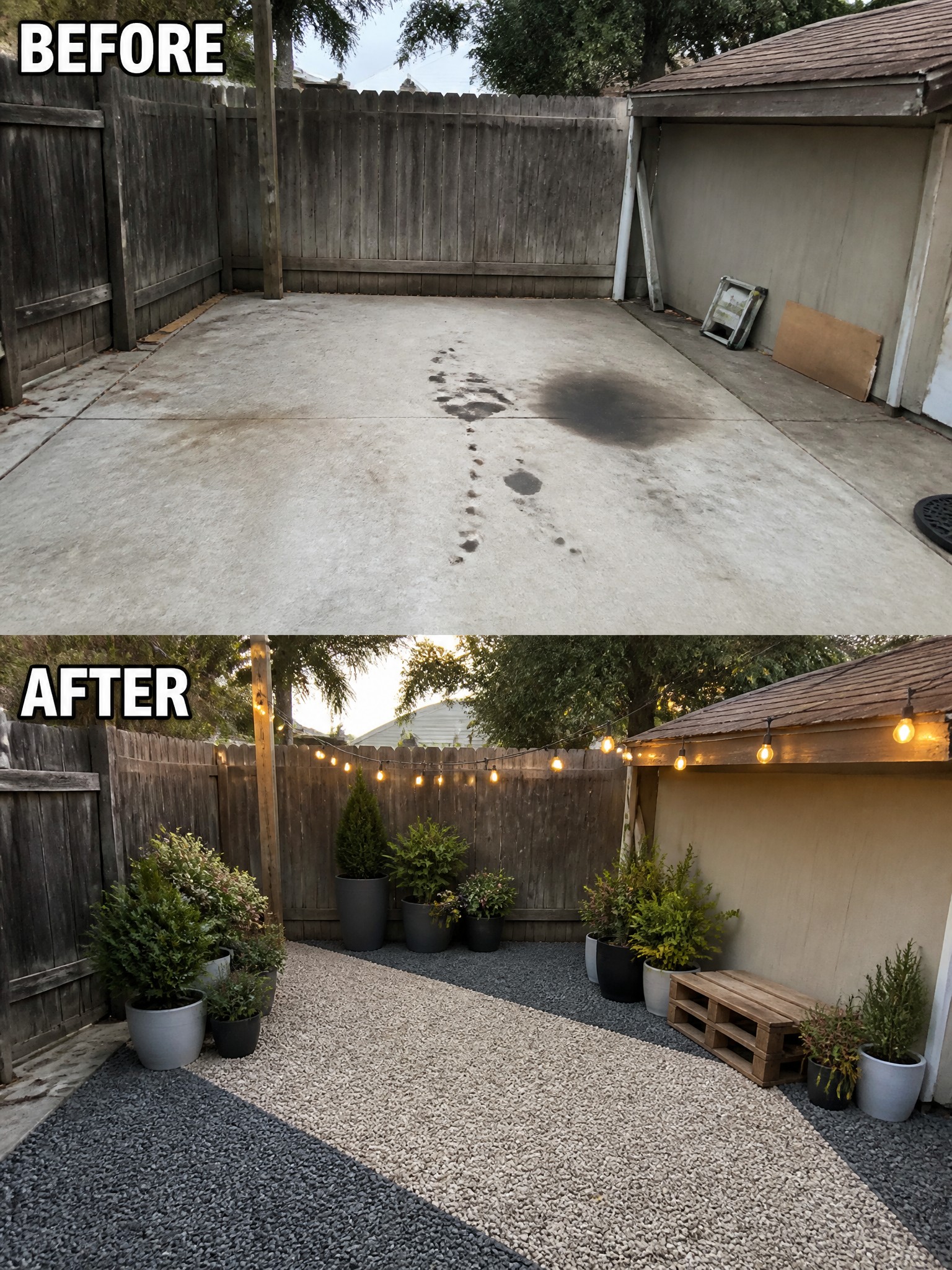 Before-and-after backyard transformation with gravel, potted plants, and string lights