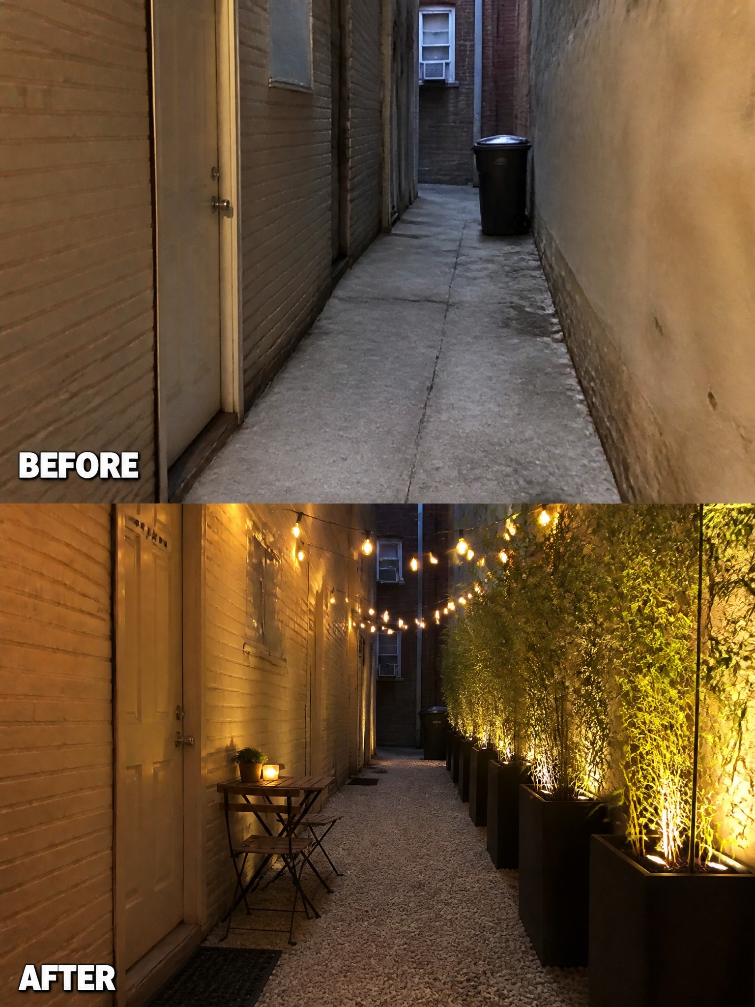 Before-and-after image of a narrow concrete alley transformed with gravel, a row of black planters, and string lights.