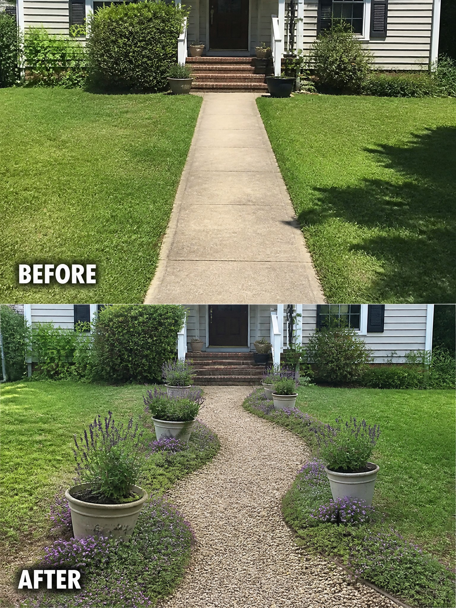 Before-and-after image of a straight concrete front walkway changed into a curved gravel path bordered by potted plants and flowers.