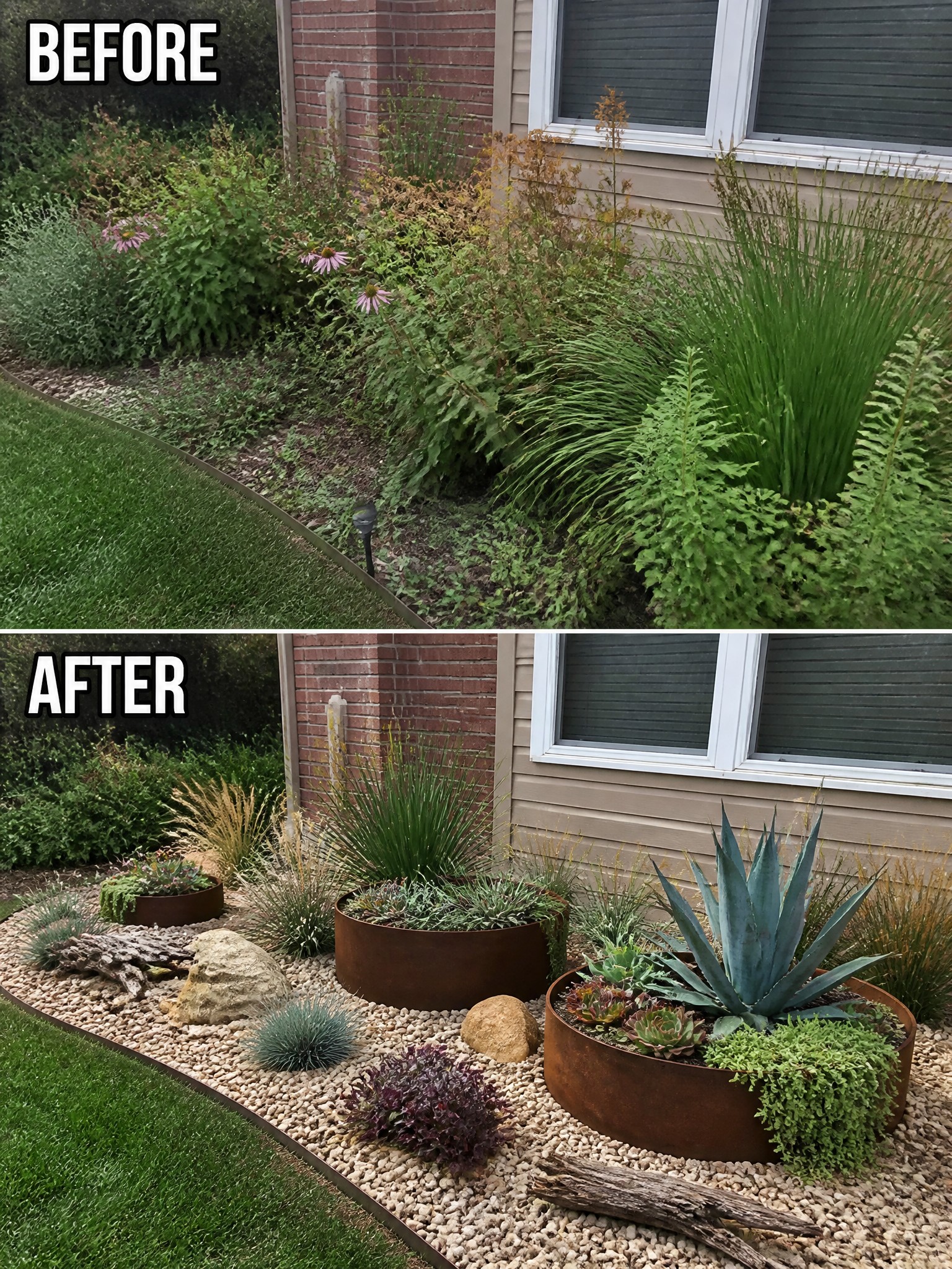 Before-and-after image of an overgrown garden bed next to a house changed into a clean gravel area with metal planters and structured plants.