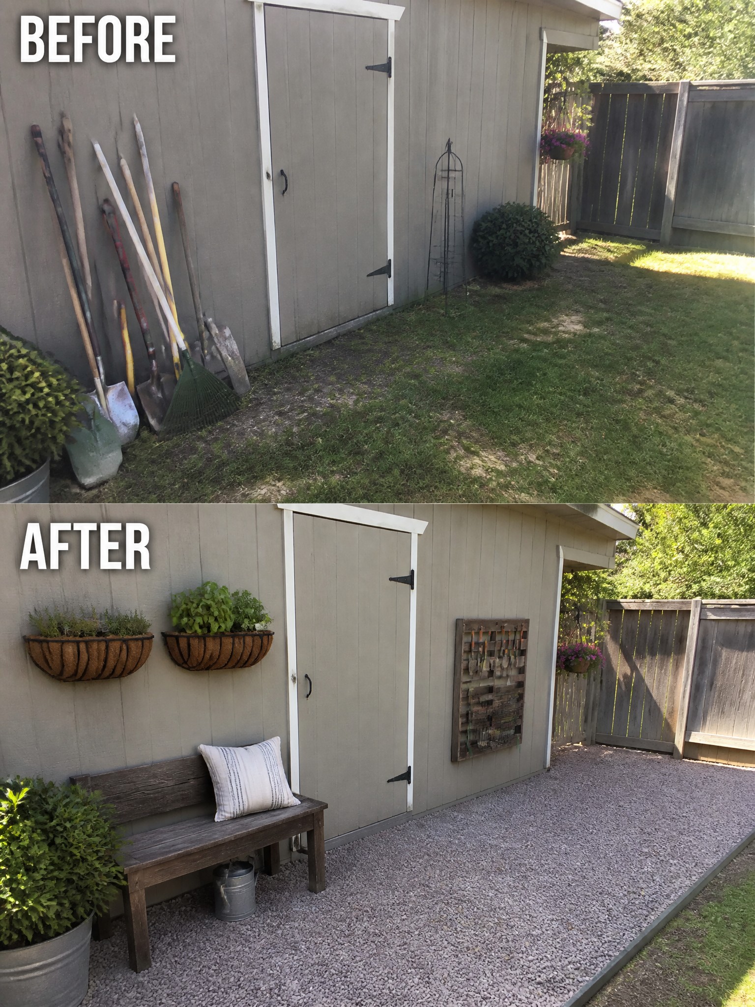 Before-and-after image of a shed exterior where scattered tools and bare ground become a gravel surface with wall planters, a bench, and organized tool storage.