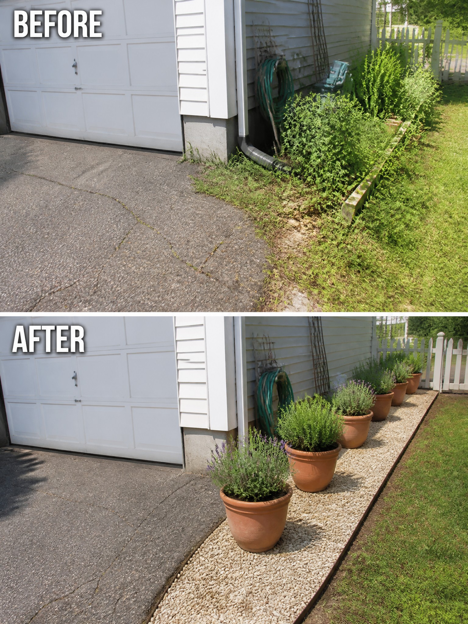 Before and after of weedy garage side transformed to gravel with potted plants