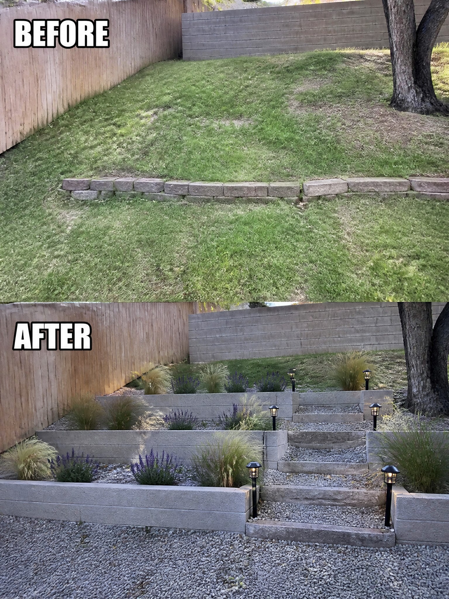 Before grassy slope and after terraced walls with steps, plants, and lights