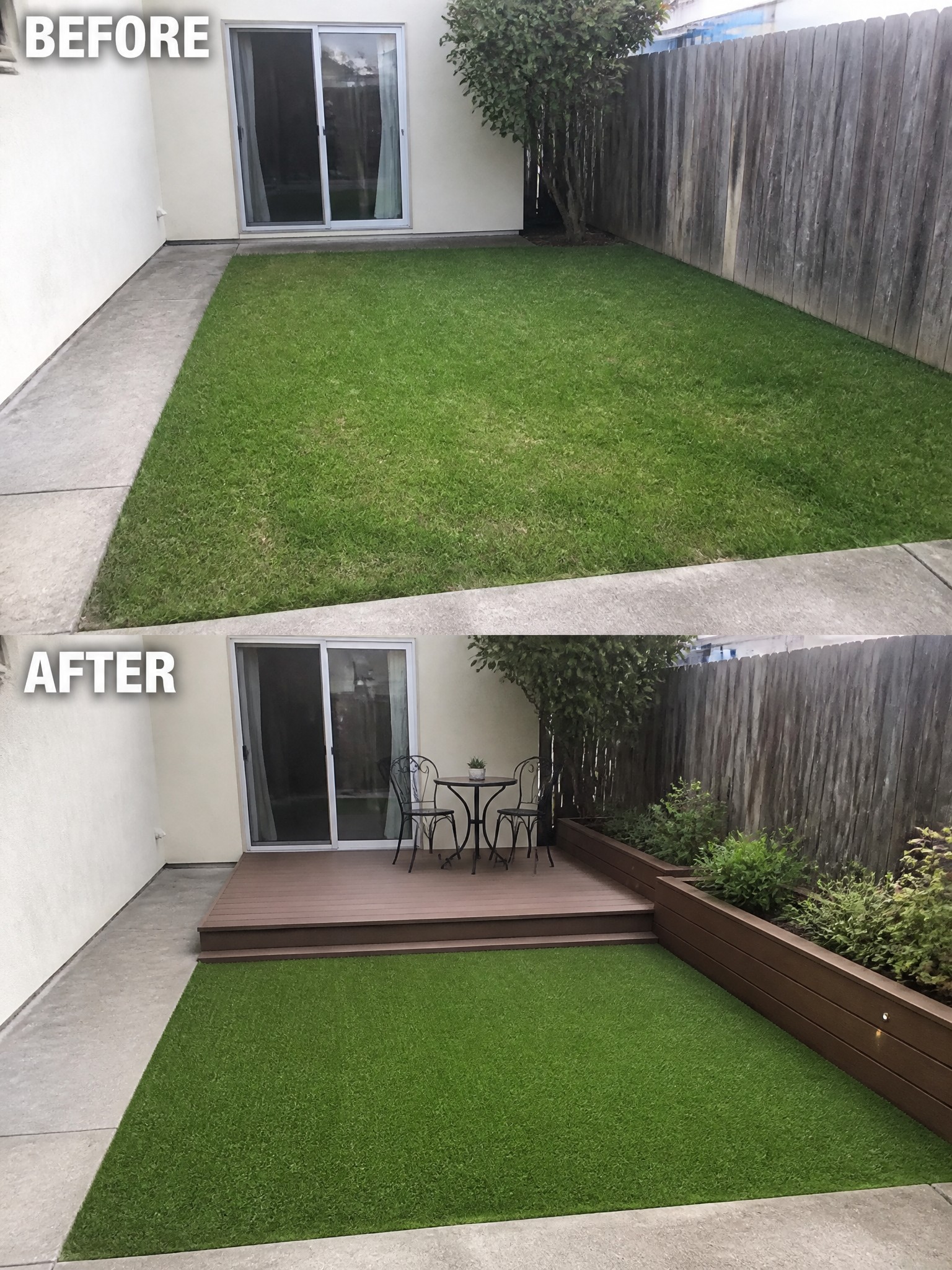 Backyard before grassy lawn and after with wooden deck, turf, and planters.