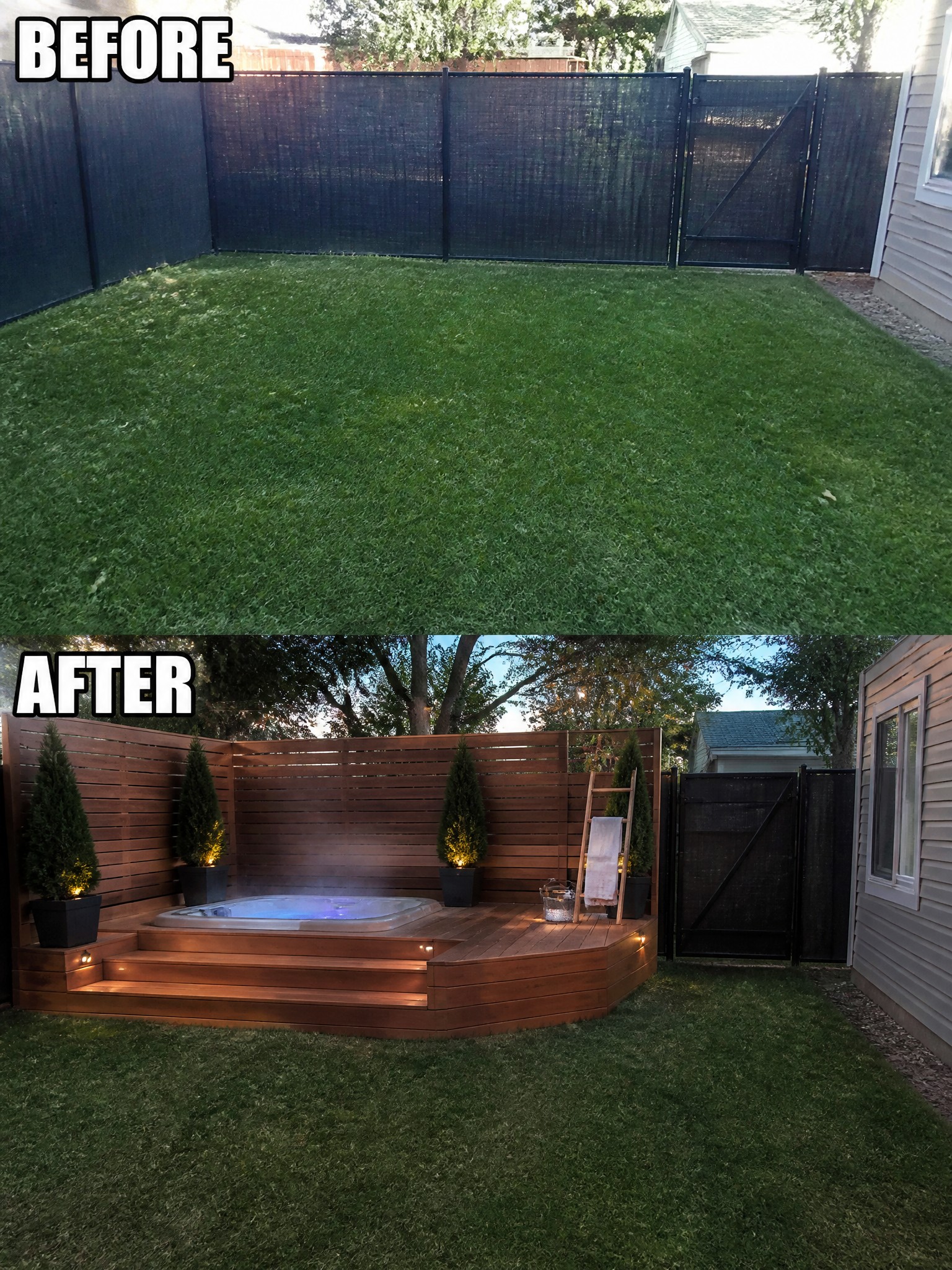 Backyard before empty lawn, after with lit deck, hot tub and potted plants