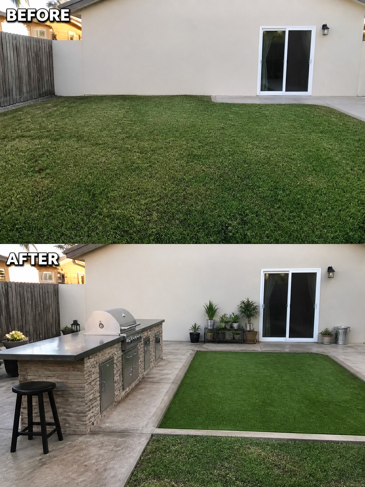 Before and after backyard with outdoor kitchen, patio, and artificial turf.