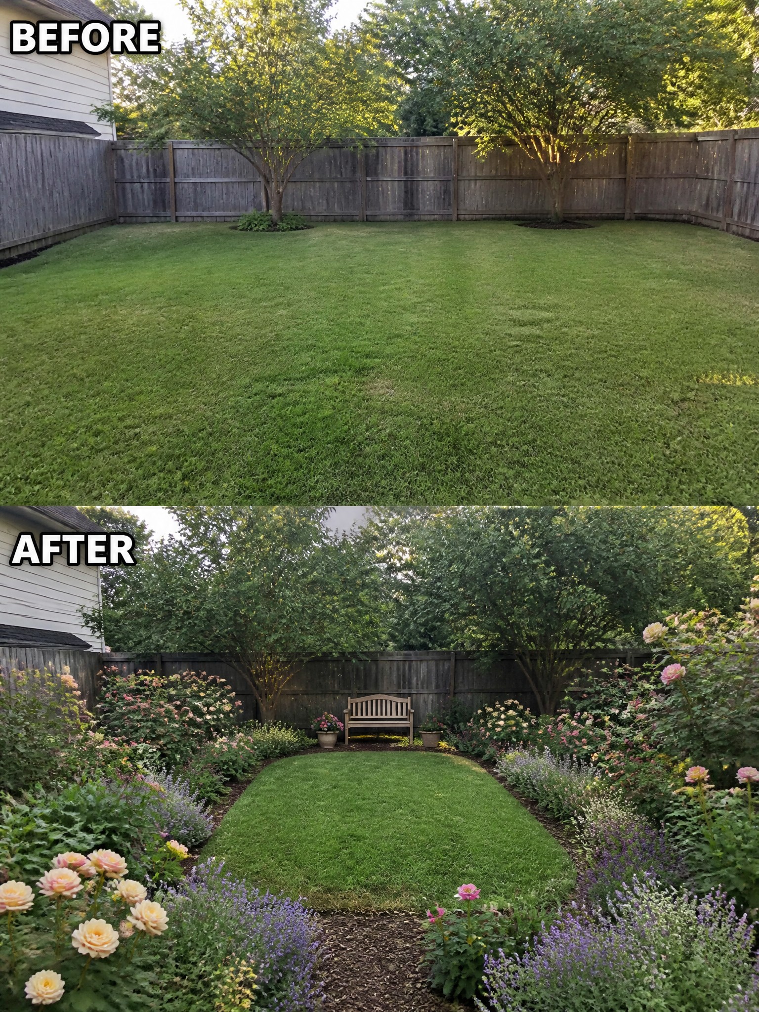 Before-and-after image of a bare backyard lawn transformed with colorful flower beds along the fence and a central bench.