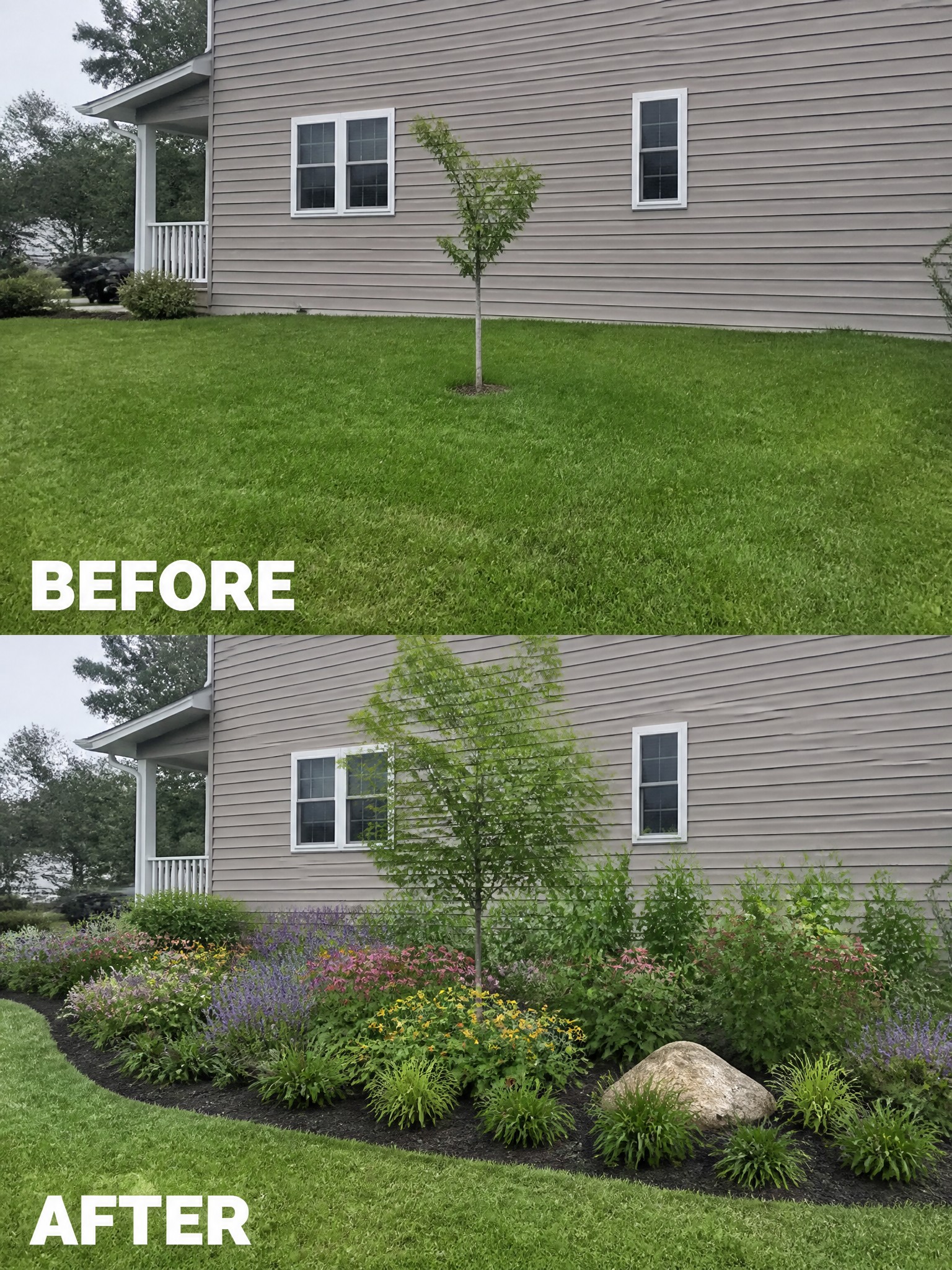 Before and after of house yard with added colorful flower bed and mulch