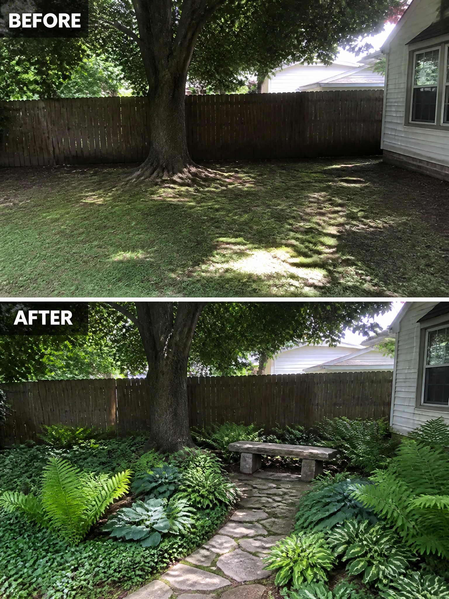 Before and after backyard transformation from bare lawn to garden with stone path and bench.
