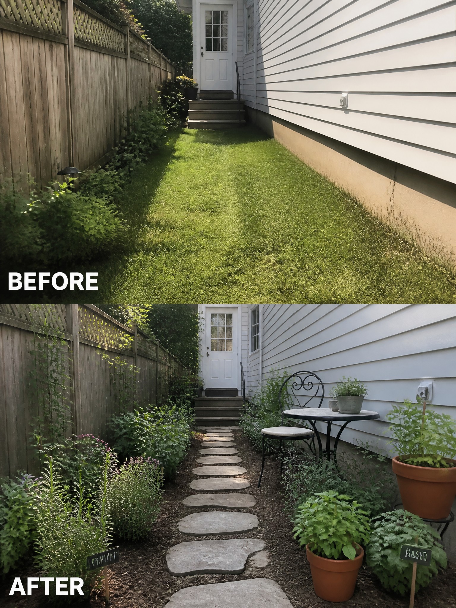 Before grassy side yard and after herb garden with stone path, plants and table