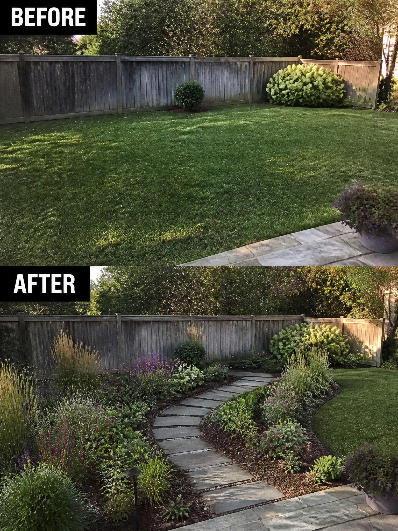 Backyard before and after: plain lawn transformed into garden with stone path and plants