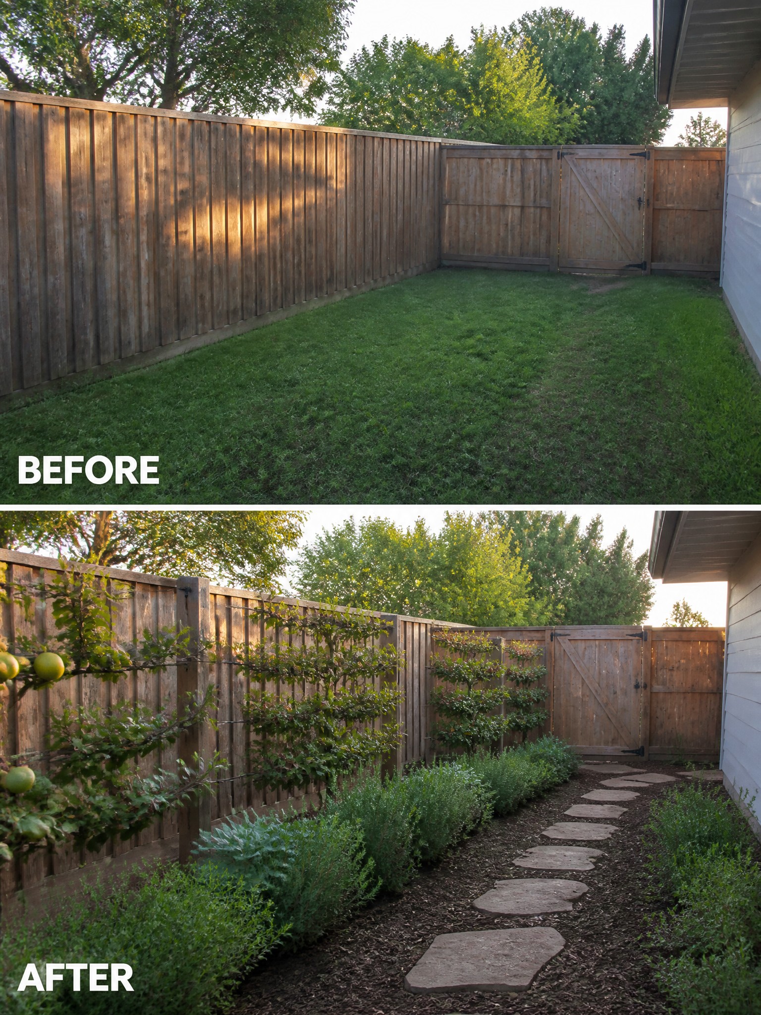 Before and after of backyard with new stone path, plants, and espaliered trees.