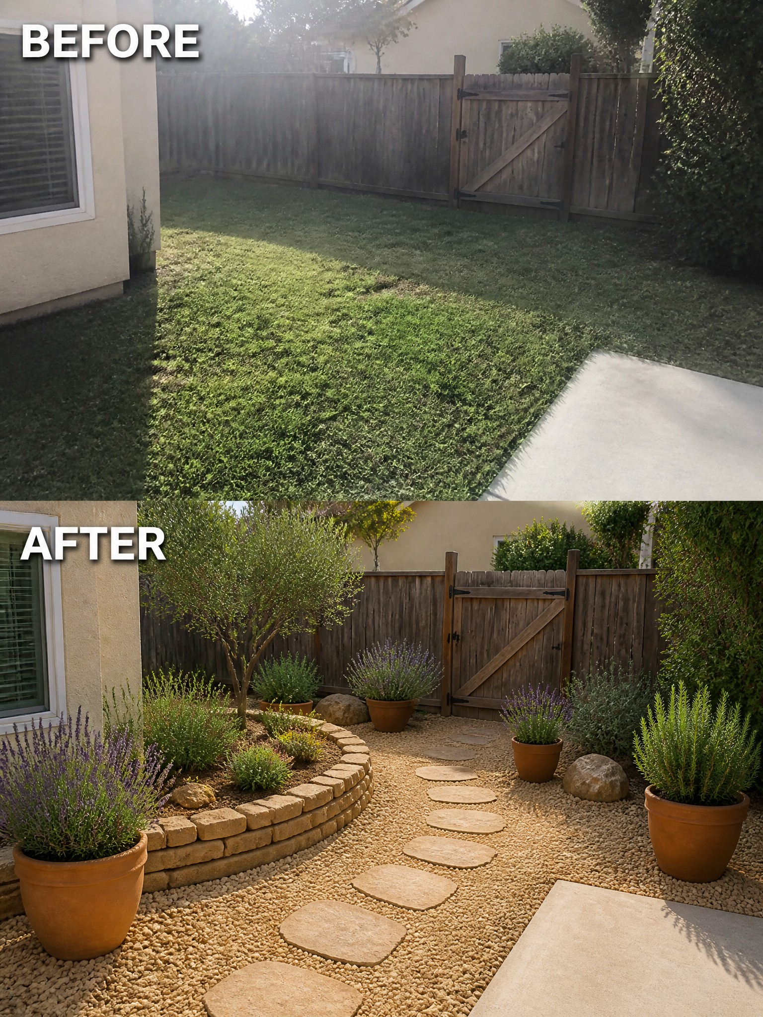 Before and after backyard with lawn replaced by gravel path, plants, and potted lavender