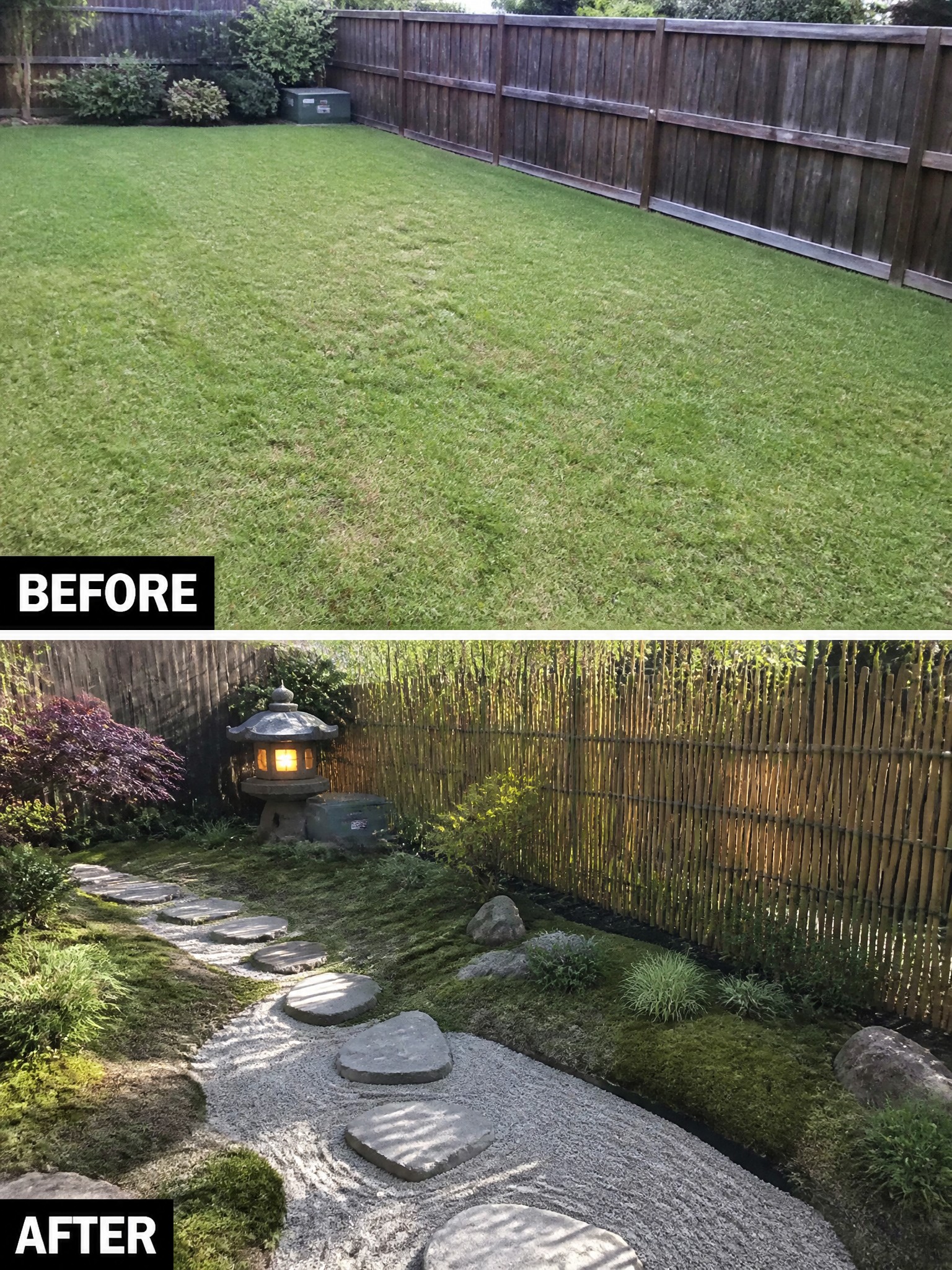 Before-and-after image of a plain backyard lawn transformed with stone paths, gravel, a lantern, and planted borders along the fence.