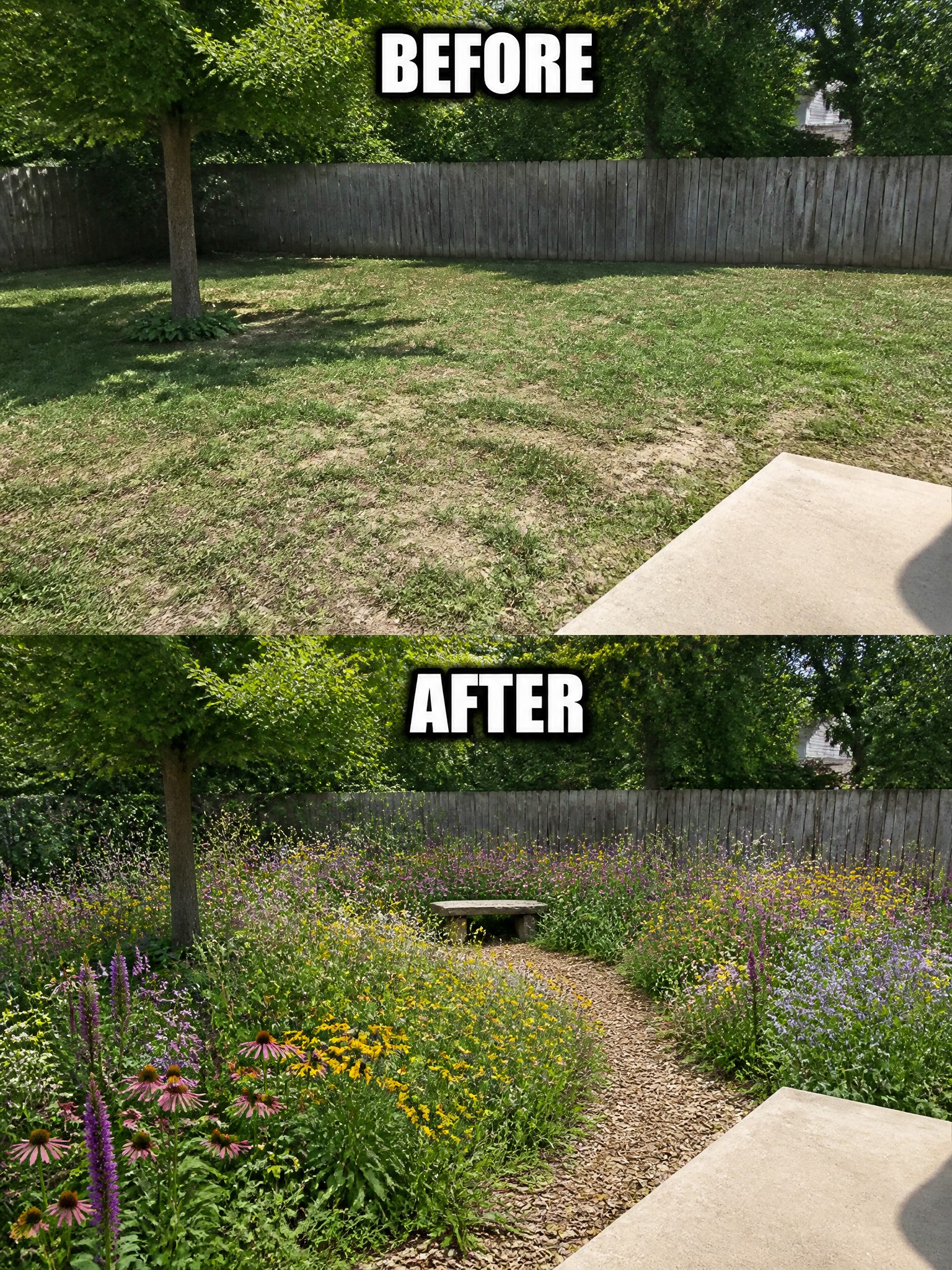 Before and after backyard transformed from lawn to wildflower meadow with bench and path.