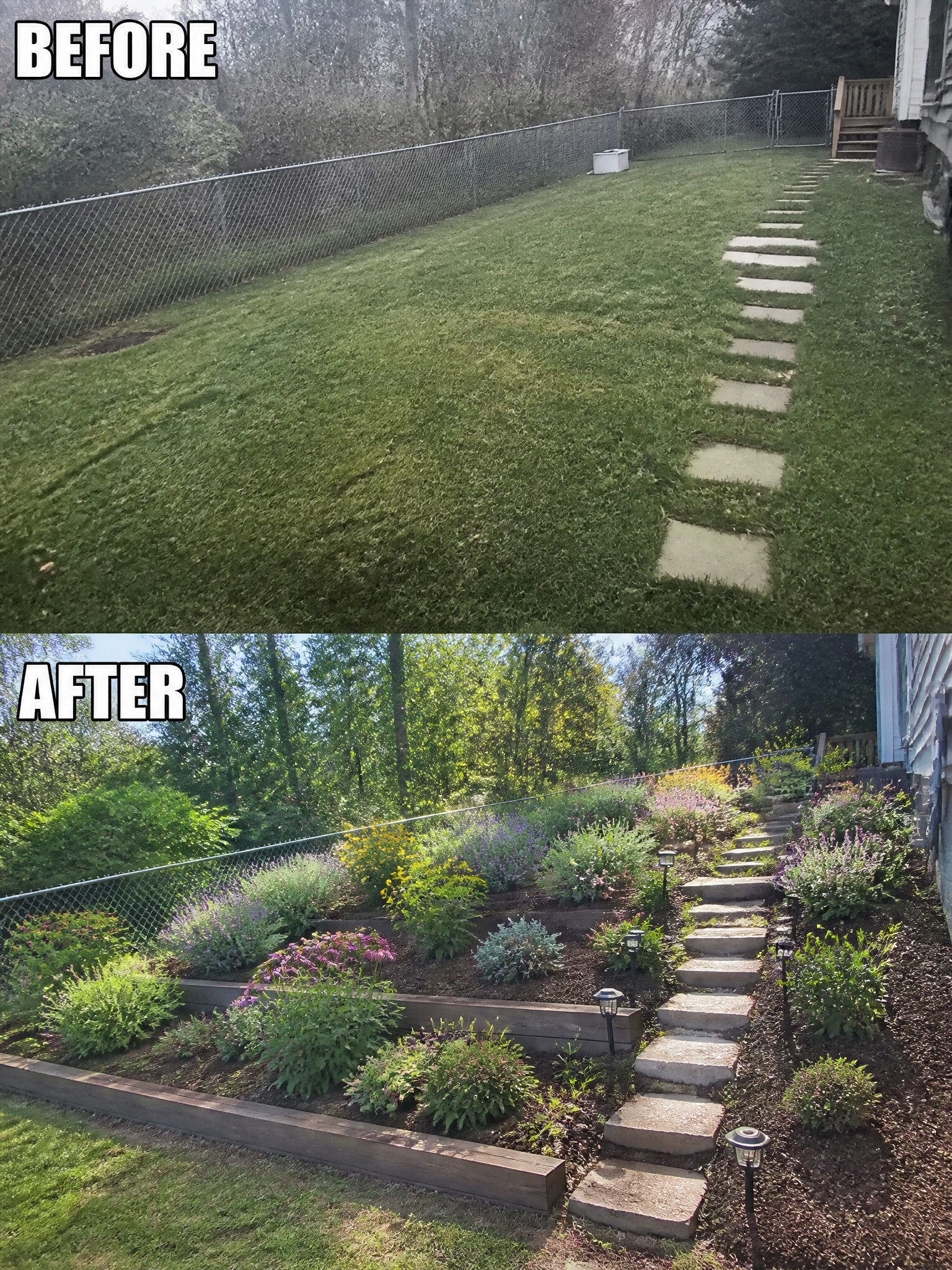 Before and after backyard lawn transformed into colorful terraced garden with steps.