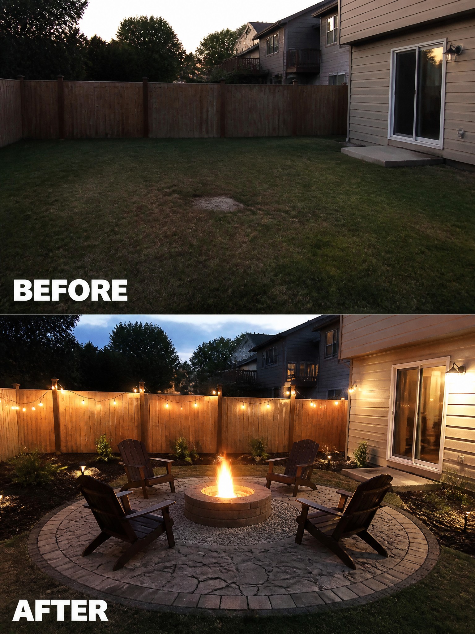Before-and-after image of an empty backyard changed into an outdoor seating area with a fire pit, stone patio, chairs, and string lights.
