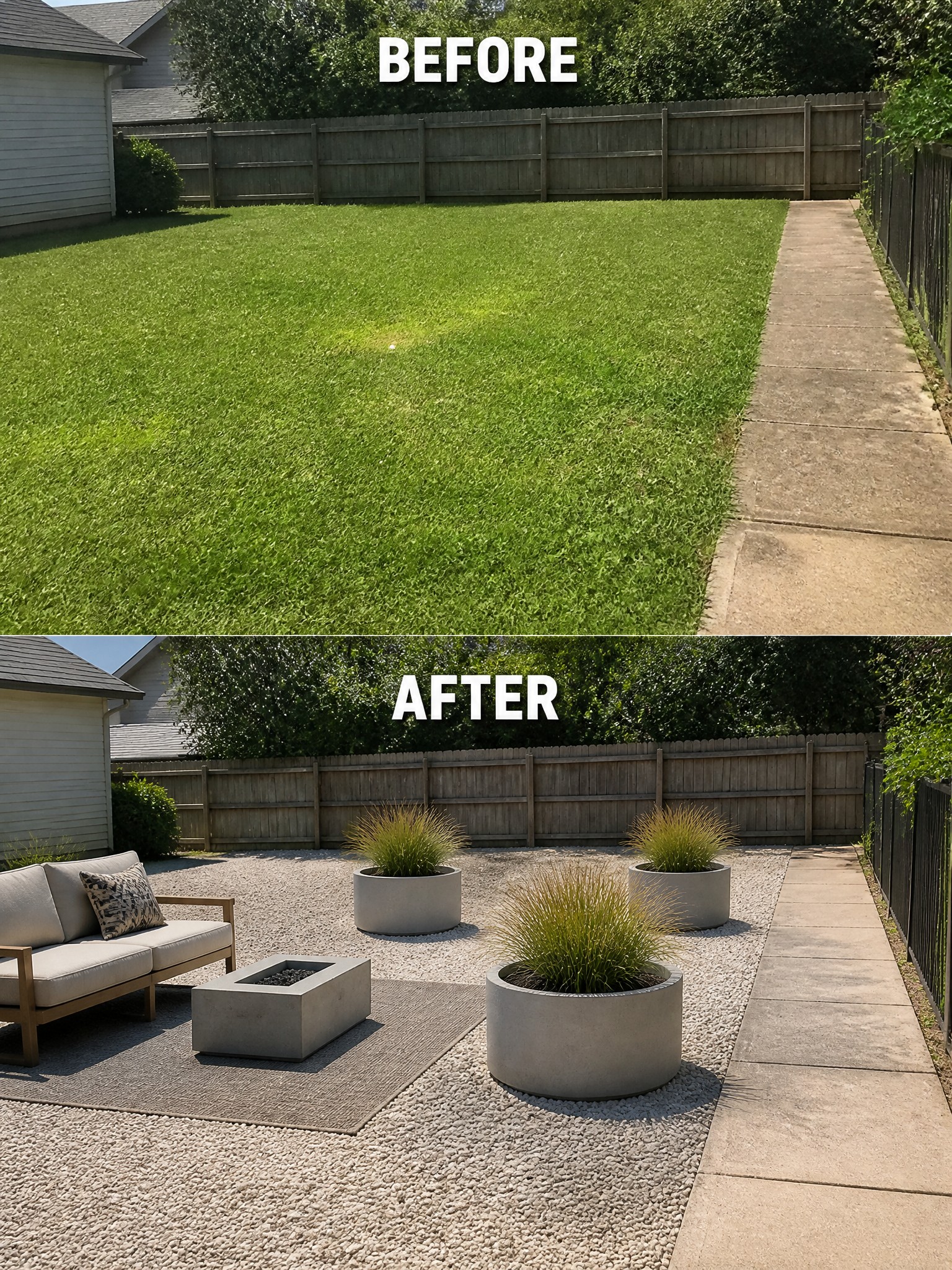 Before-and-after image of a plain grassy backyard changed into a gravel patio area with concrete planters, outdoor seating, a fire pit, and a rug.