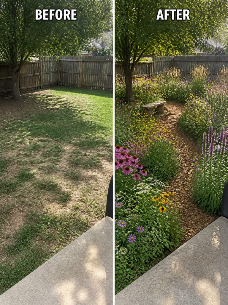 23 Creative Lawn Transformation Ideas for Plain Backyard Spaces Before and after backyard transformed from lawn to wildflower meadow with bench and path.