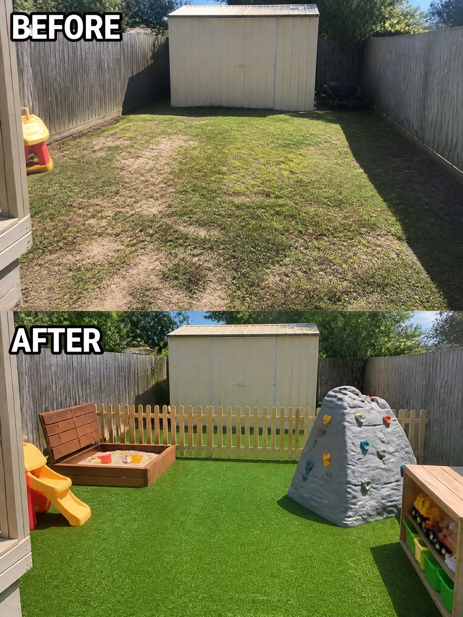 Before patchy backyard and after with artificial turf, sandbox, and climbing rock.