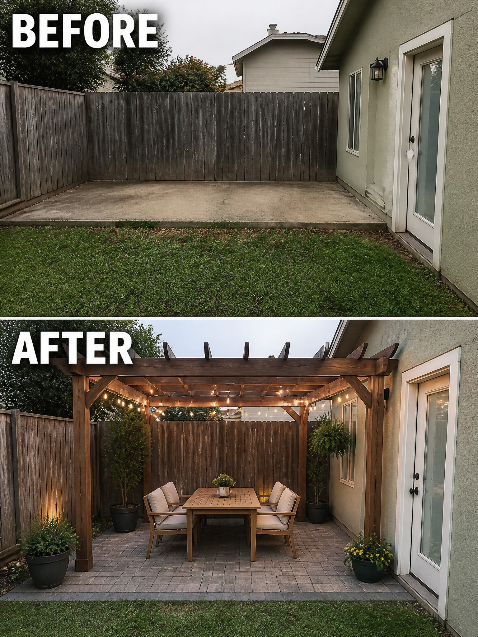 Before-and-after image of a plain concrete backyard patio transformed into a pergola-covered seating area with outdoor furniture and paver flooring.