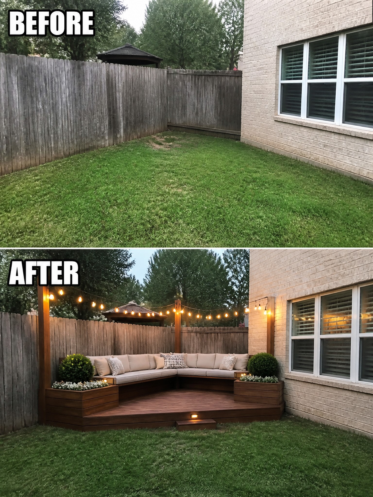 Before-and-after image of a plain grassy backyard changed into an outdoor seating area with a wooden deck, built-in benches, and string lights.