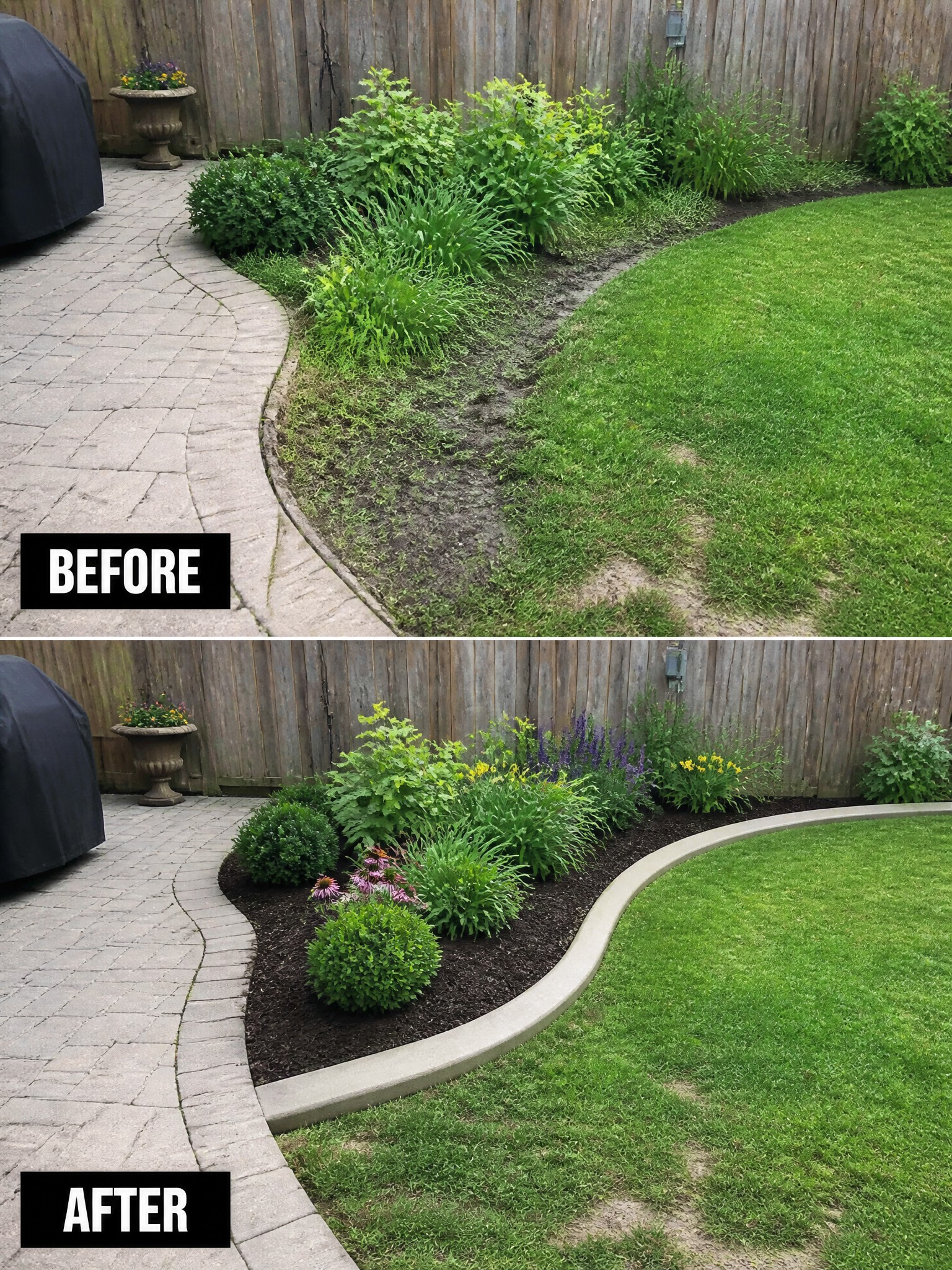 Before and after photos of a curved garden bed next to patio and lawn.