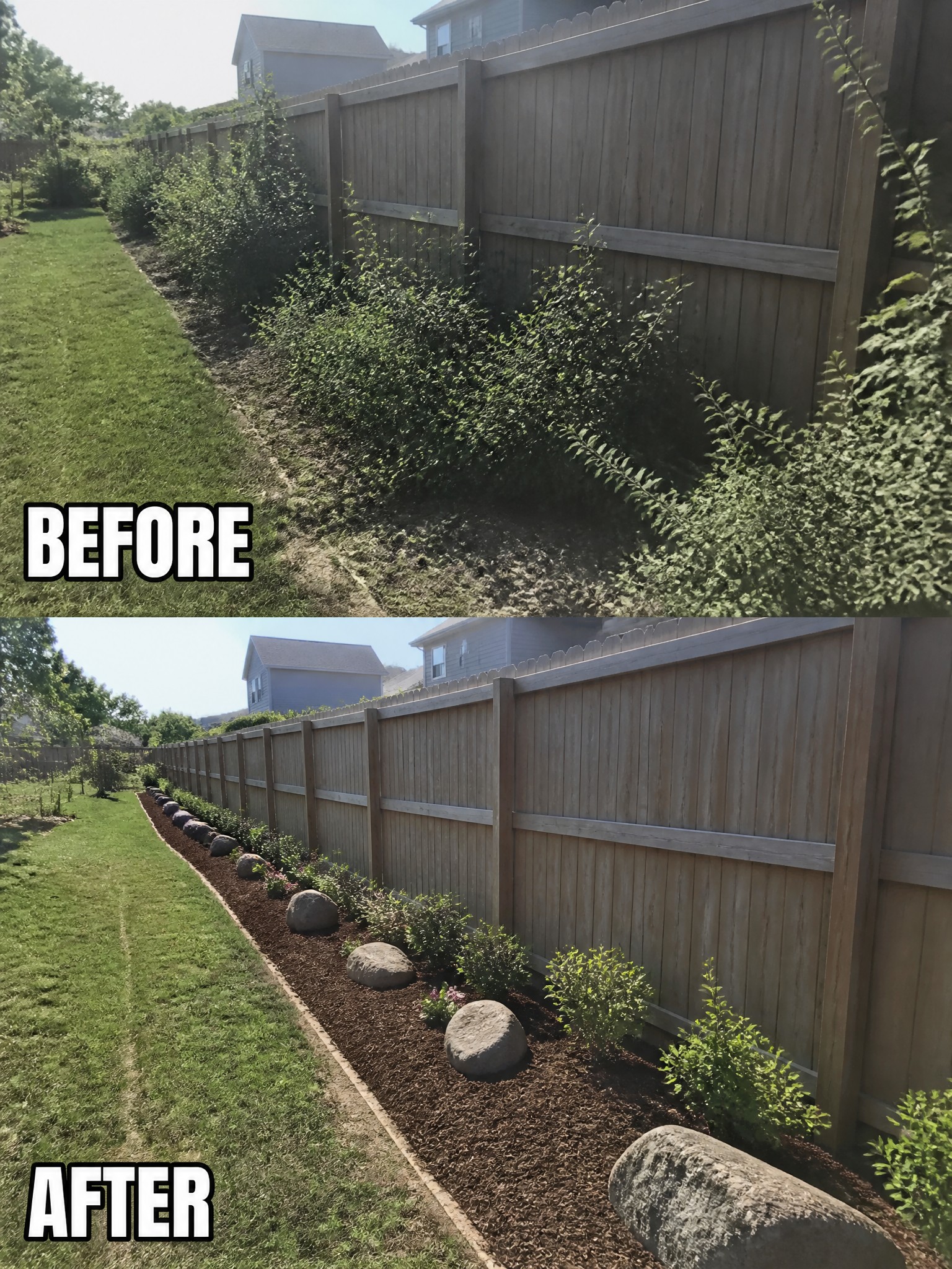 Before and after of overgrown fence line cleared into mulched rock garden bed.