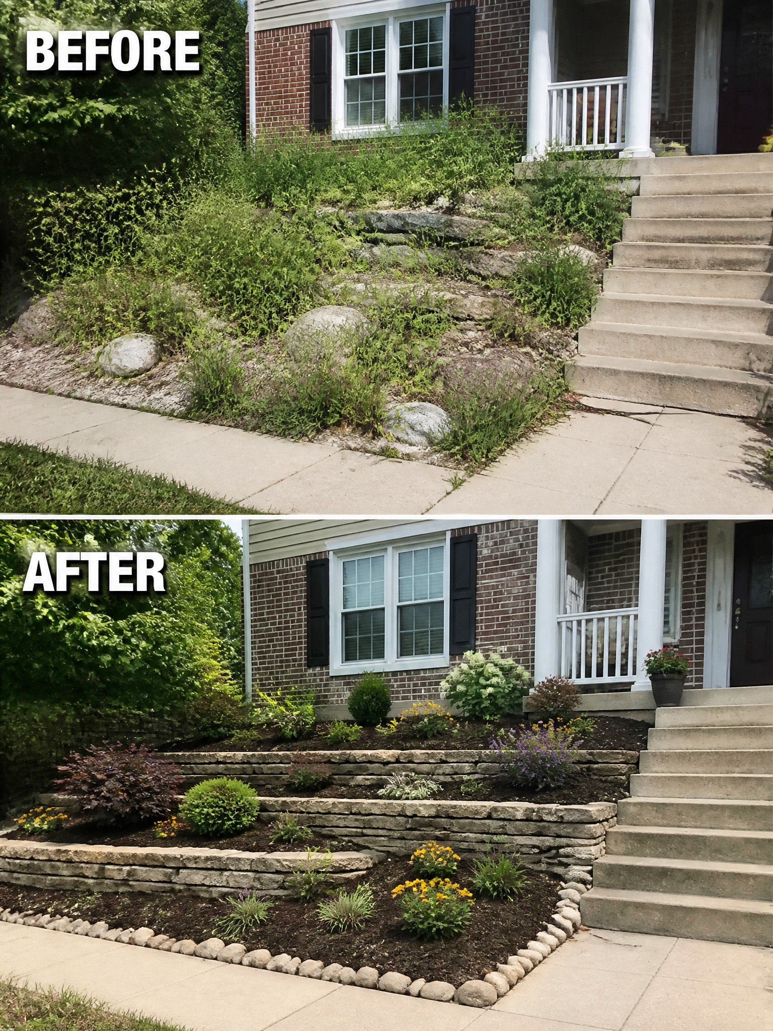 Before and after of weedy slope by house steps versus tiered stone garden with plants.