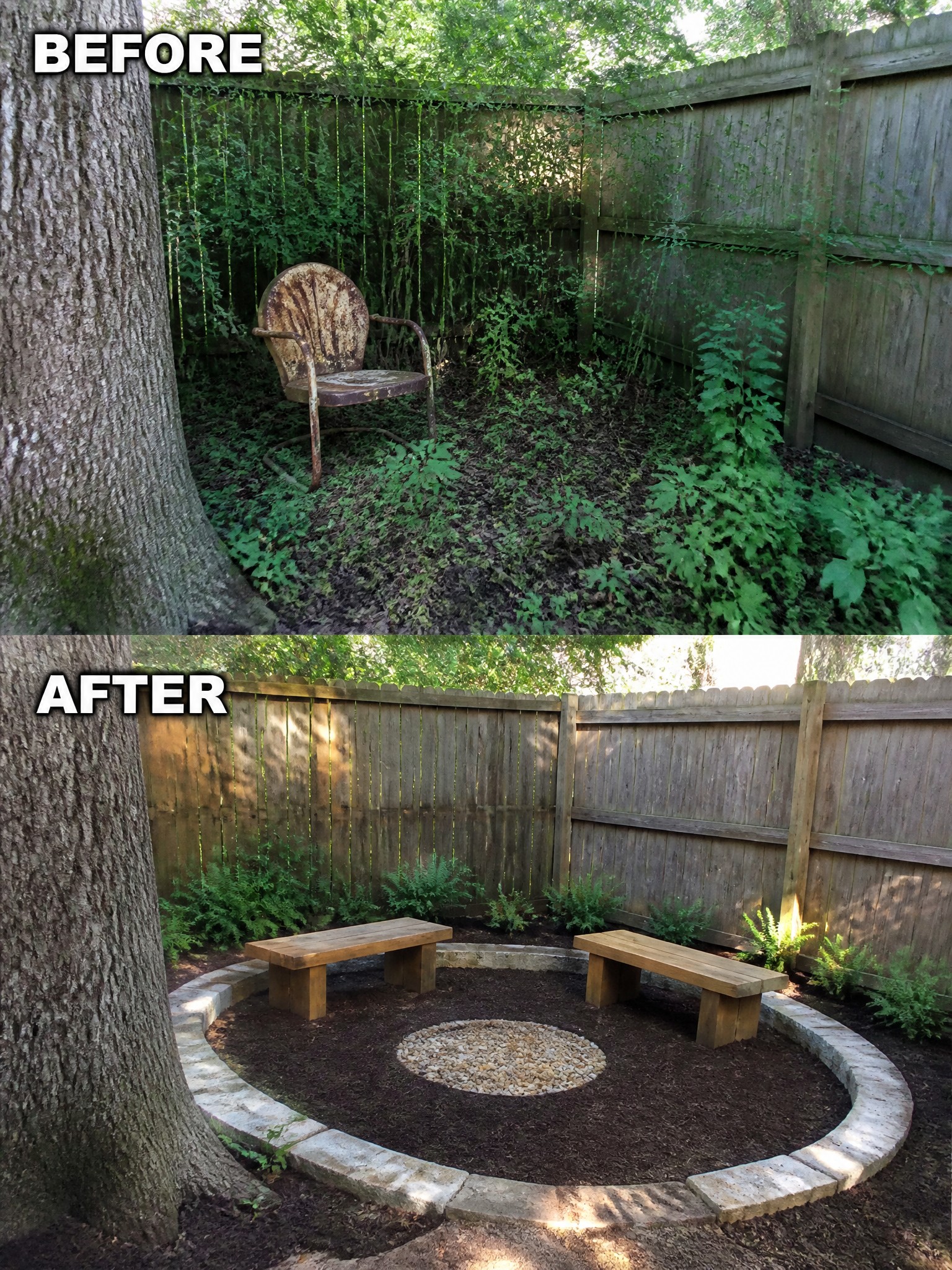 Before-and-after image of an overgrown backyard transformed into a defined circular area with a stone border, mulch, wooden benches, and planted shrubs.