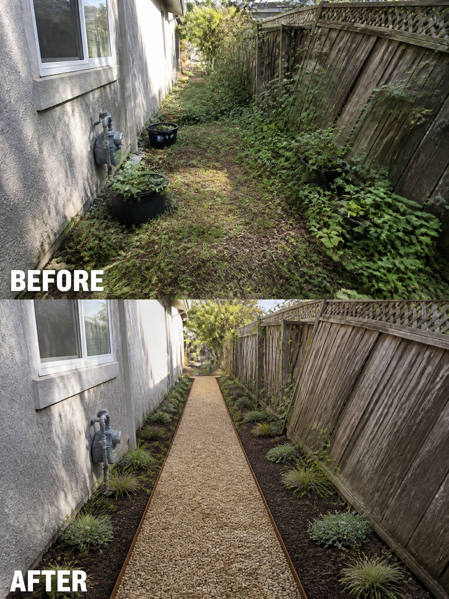 Before and after of overgrown yard beside house transformed into gravel path with plants