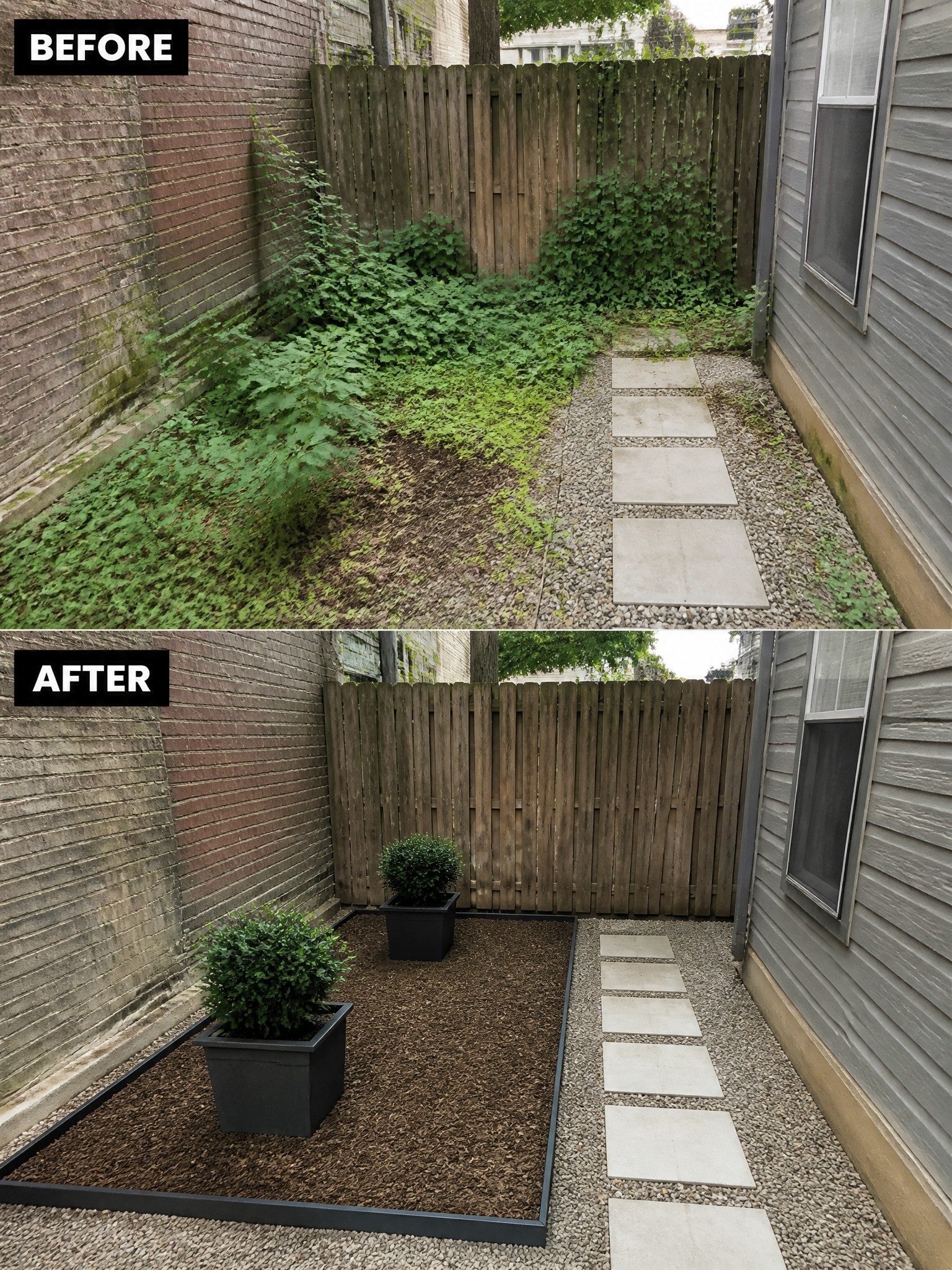 Before and after of overgrown yard transformed into mulched garden with potted shrubs.