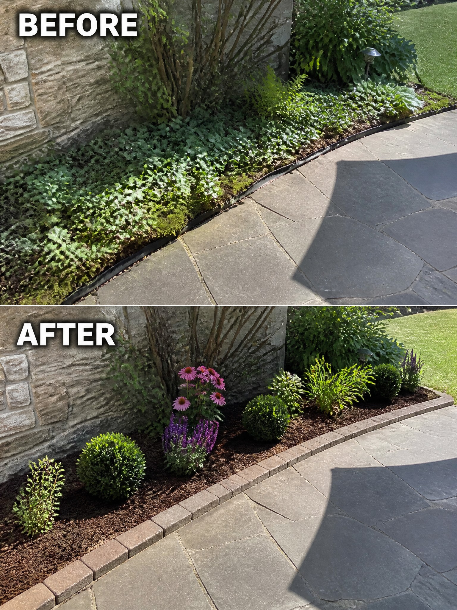 Before-and-after image of an overgrown garden bed changed into neat mulched beds with brick edging and structured planting.