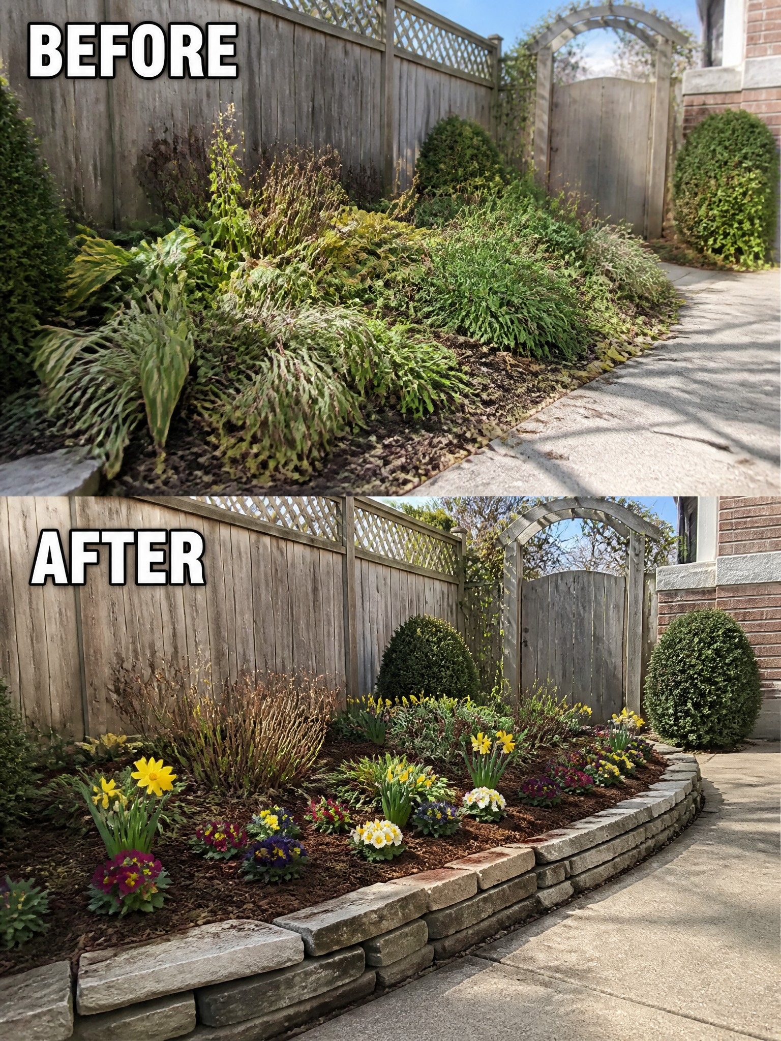 Before-and-after image of an overgrown garden bed along a fence changed into a tidy flower bed edged with stone, covered in mulch, and planted with daffodils and pansies.