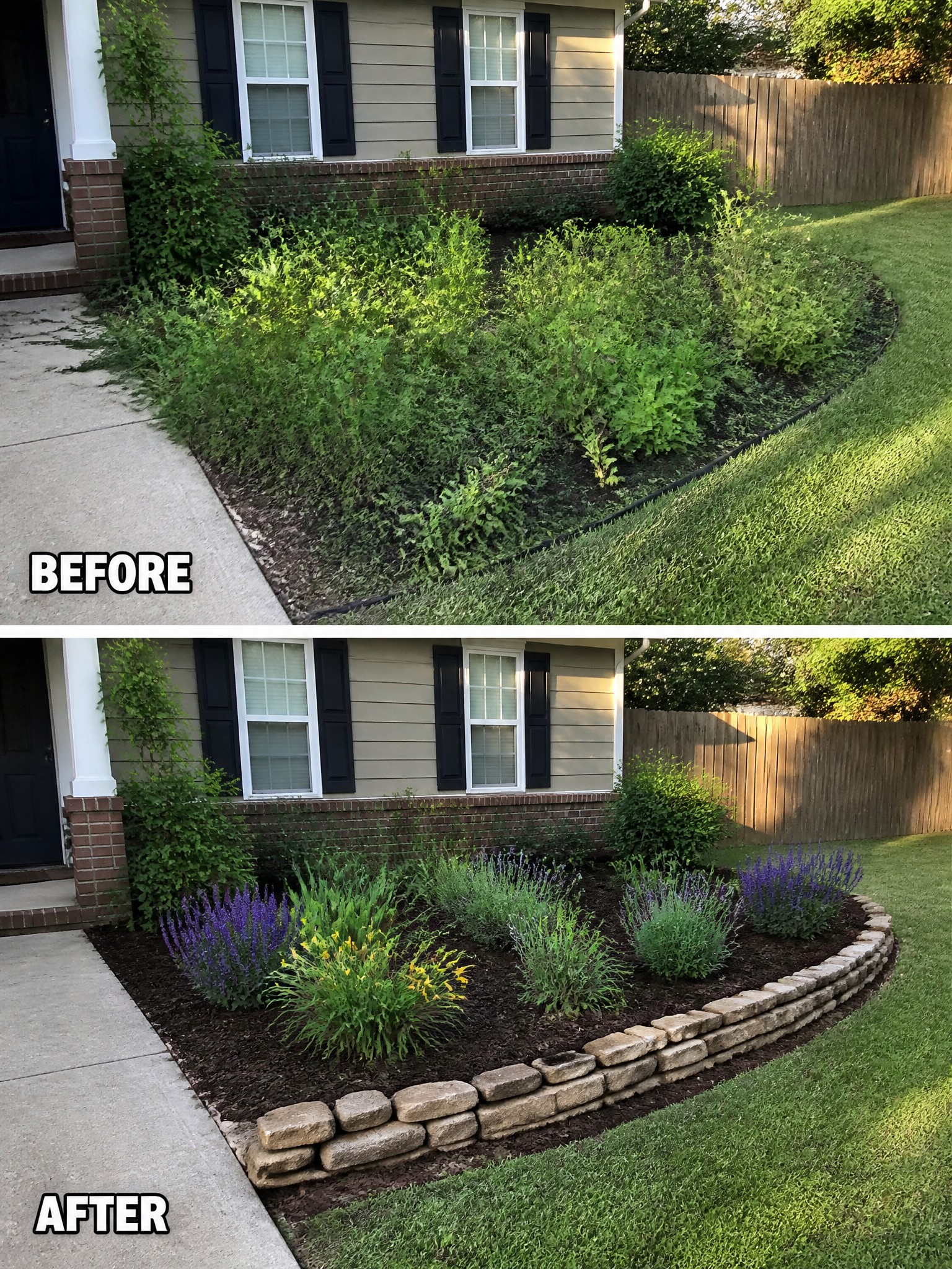 Before-and-after image of an overgrown garden bed beside a house changed into neat planting areas edged with stone and filled with mulch.