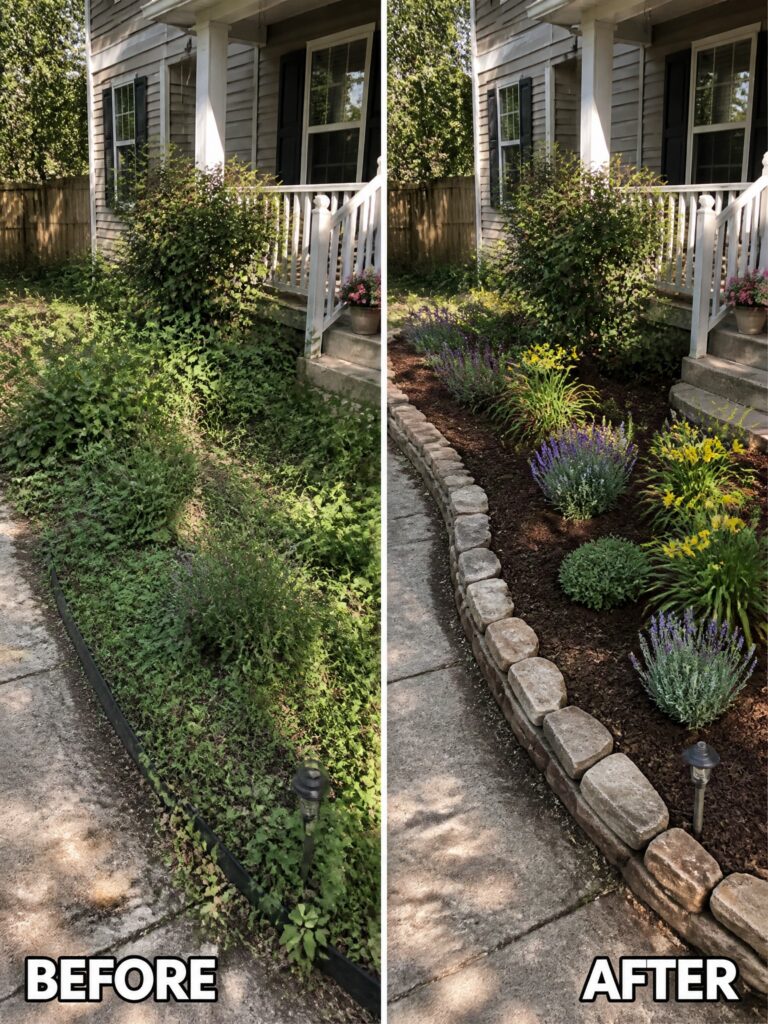 Before-and-after image of an overgrown garden bed beside a house changed into neat planting areas edged with stone and filled with mulch.