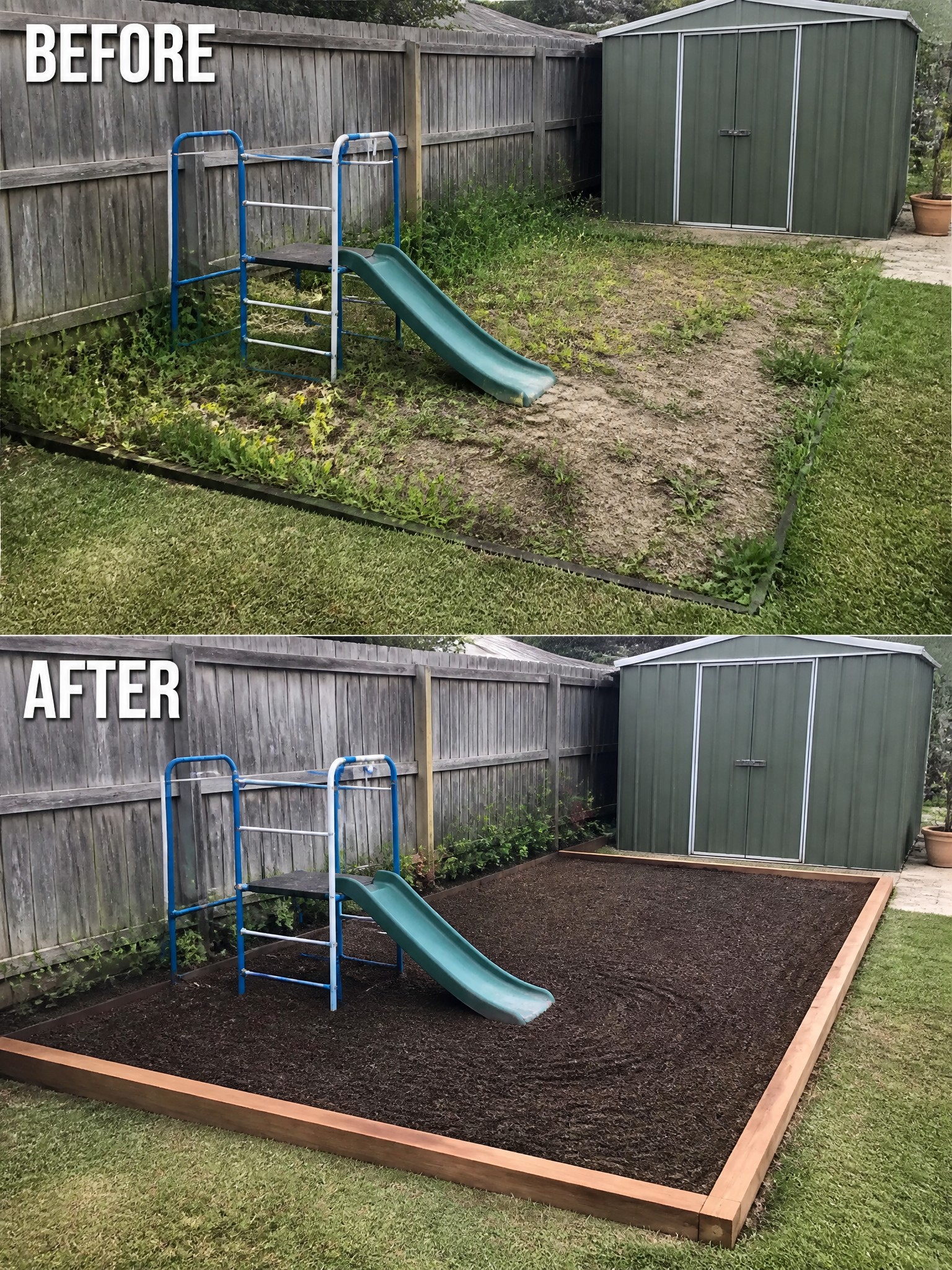 Before and after of backyard playset with slide in wooden mulch border