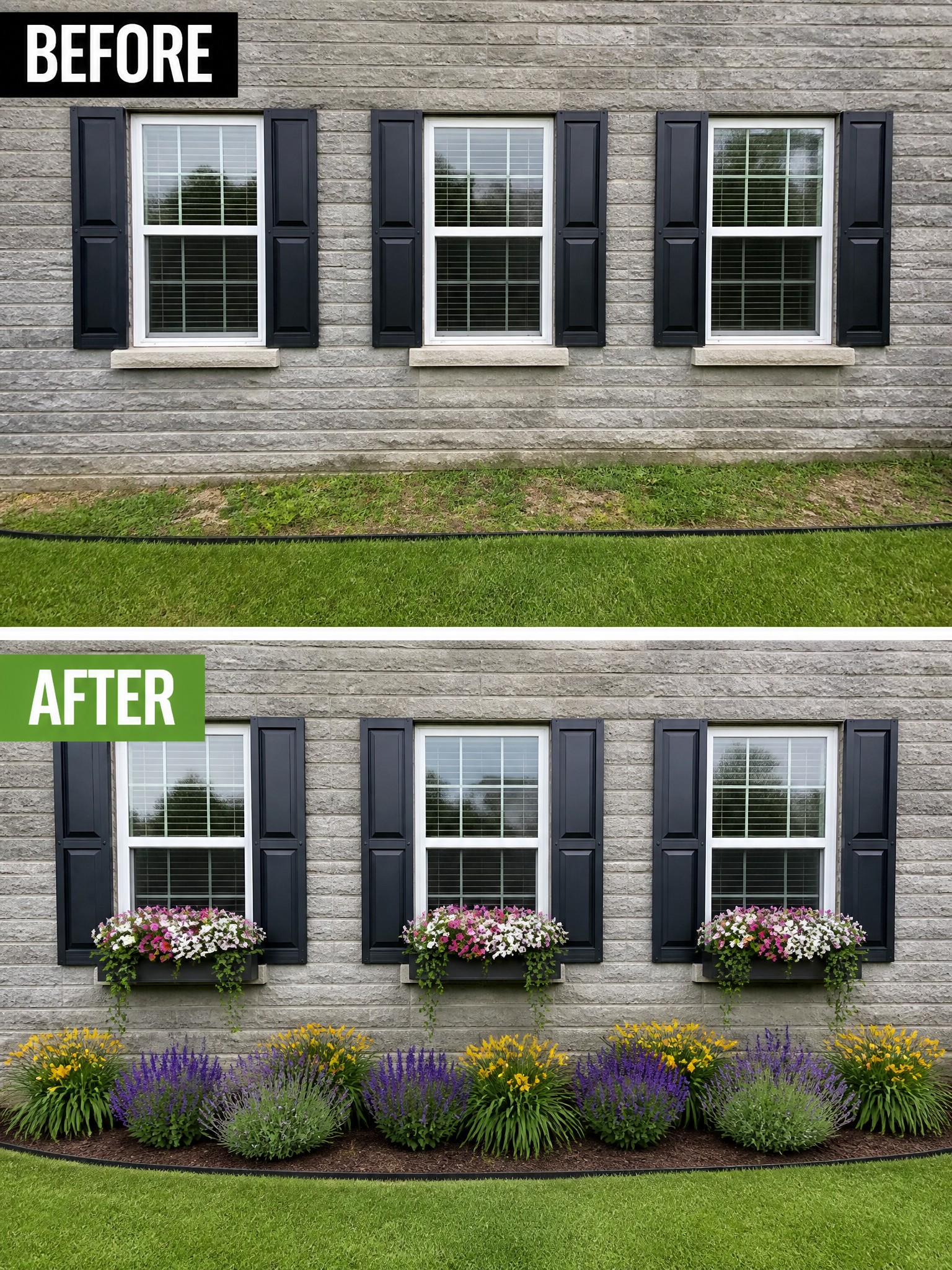 Before and after house exterior with added flower boxes and garden bed.