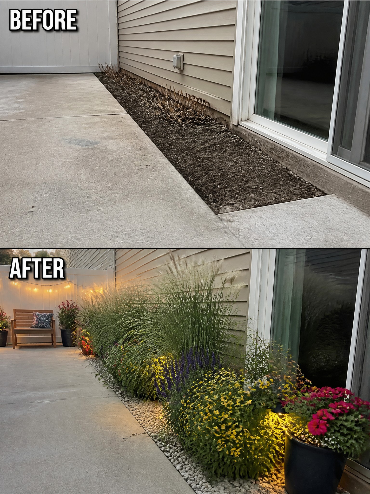 Before and after of a patio garden bed with plants, flowers, and string lights.