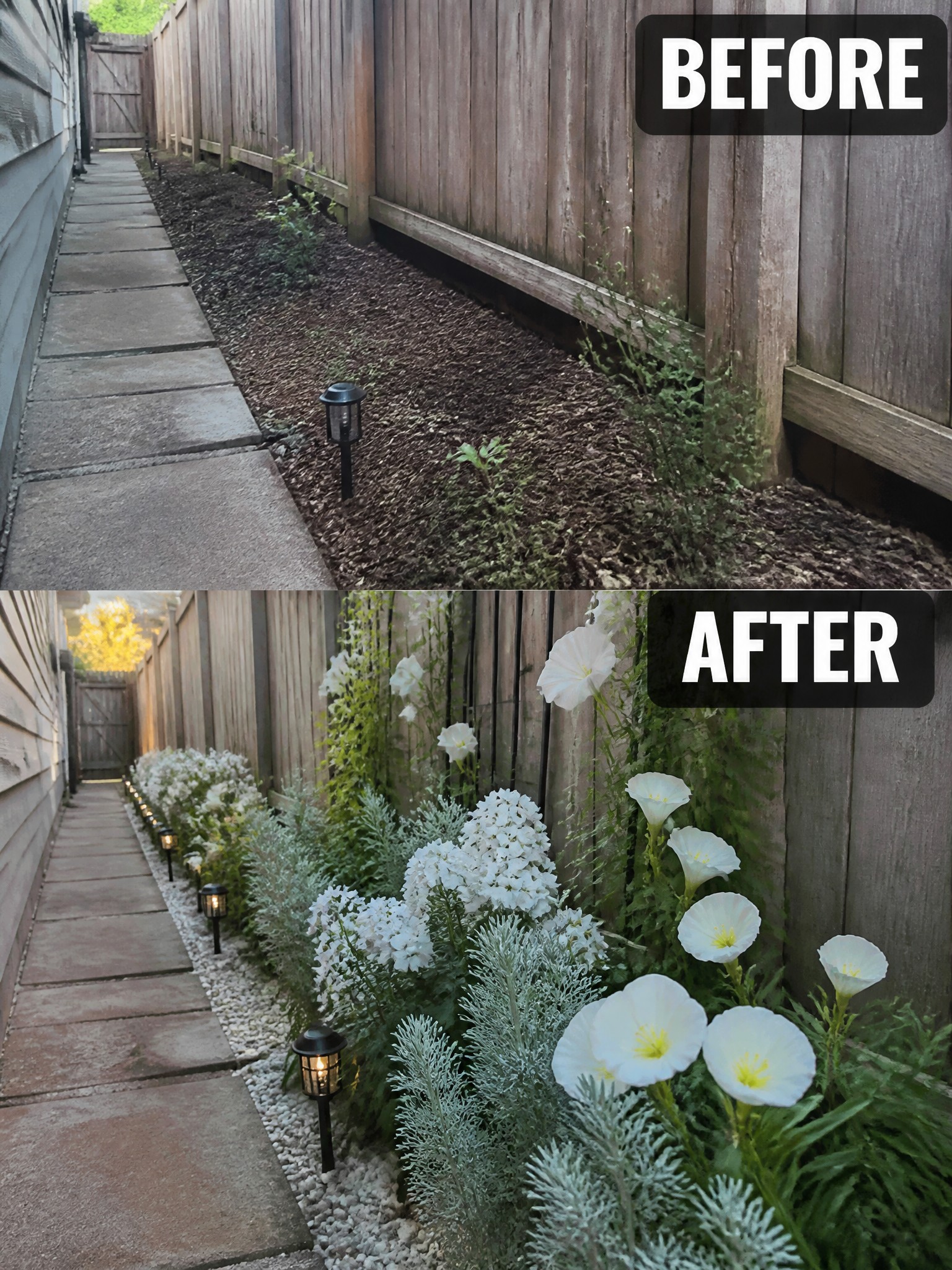 Before and after of narrow path garden bed with white flowers, plants, and lights