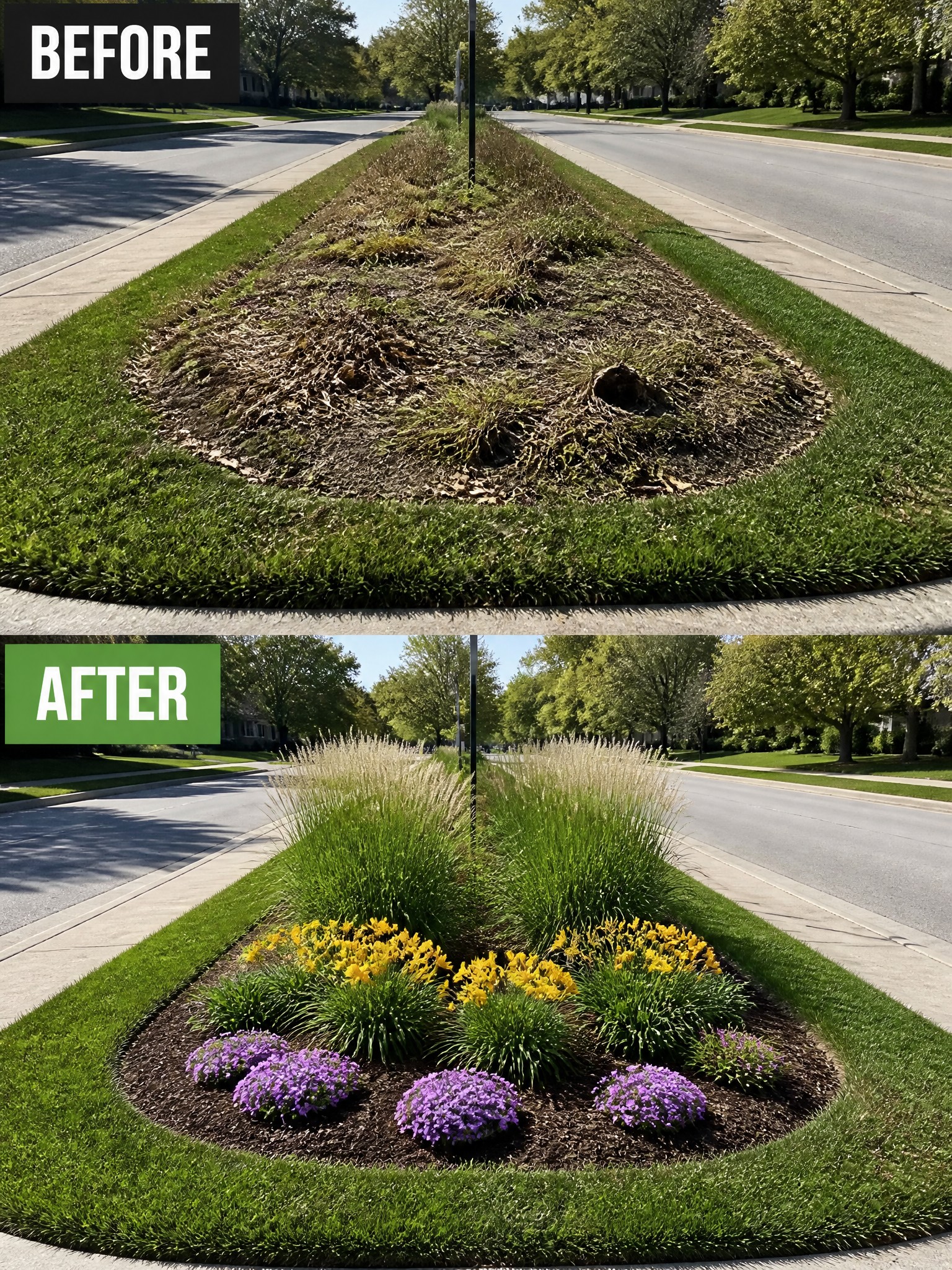 Before-and-after image of an overgrown roadside median changed into a mulched flower bed with yellow and purple plants plus tall grasses.