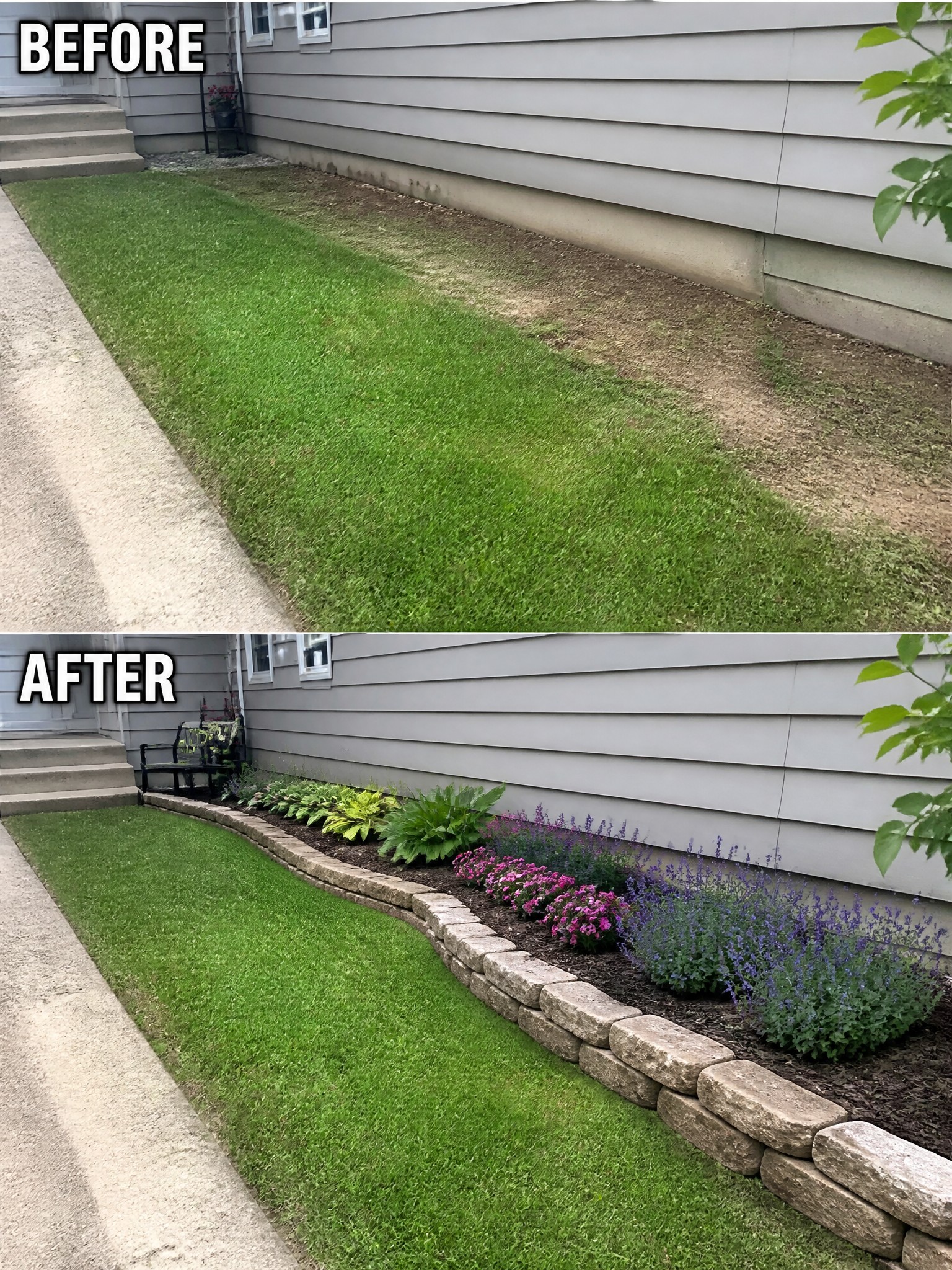Before and after of patchy lawn transformed into stone-bordered garden bed with flowers.