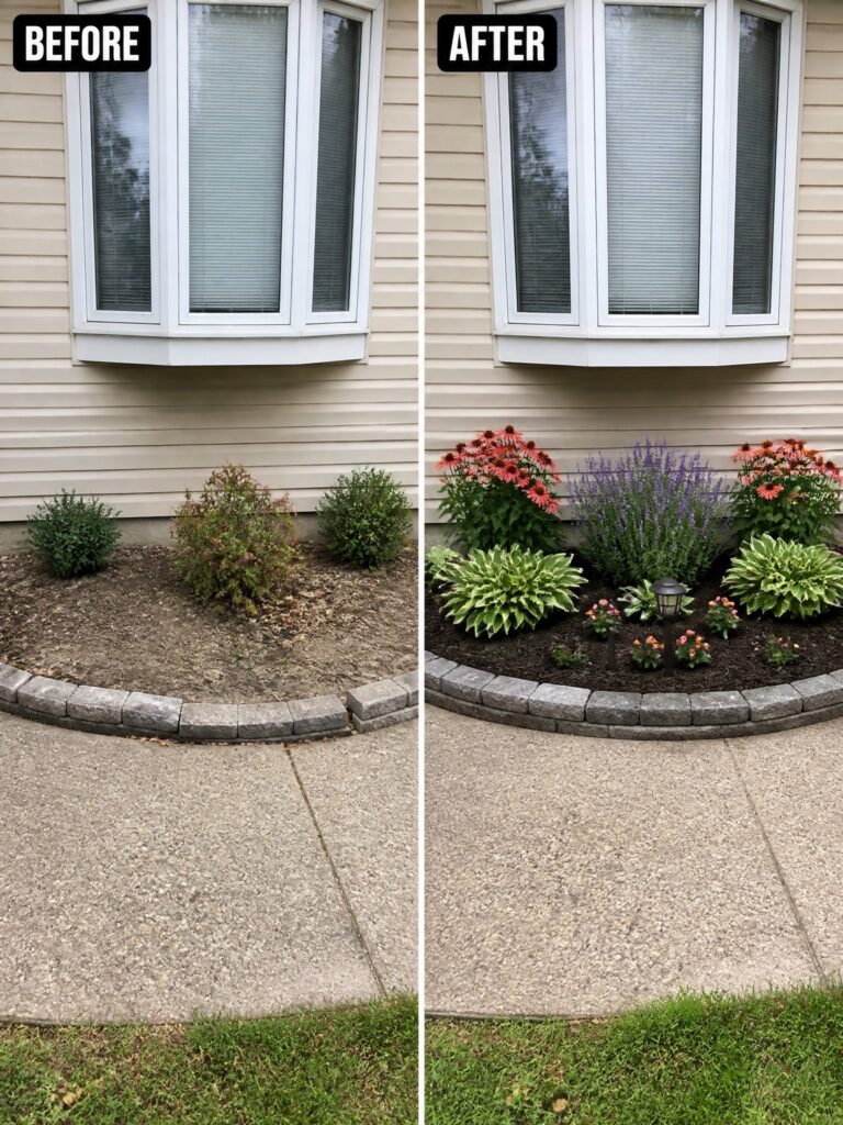 23 Fresh Flower Bed Before and After Ideas That Brighten The Yard Before and after garden bed with colorful flowers under bay window