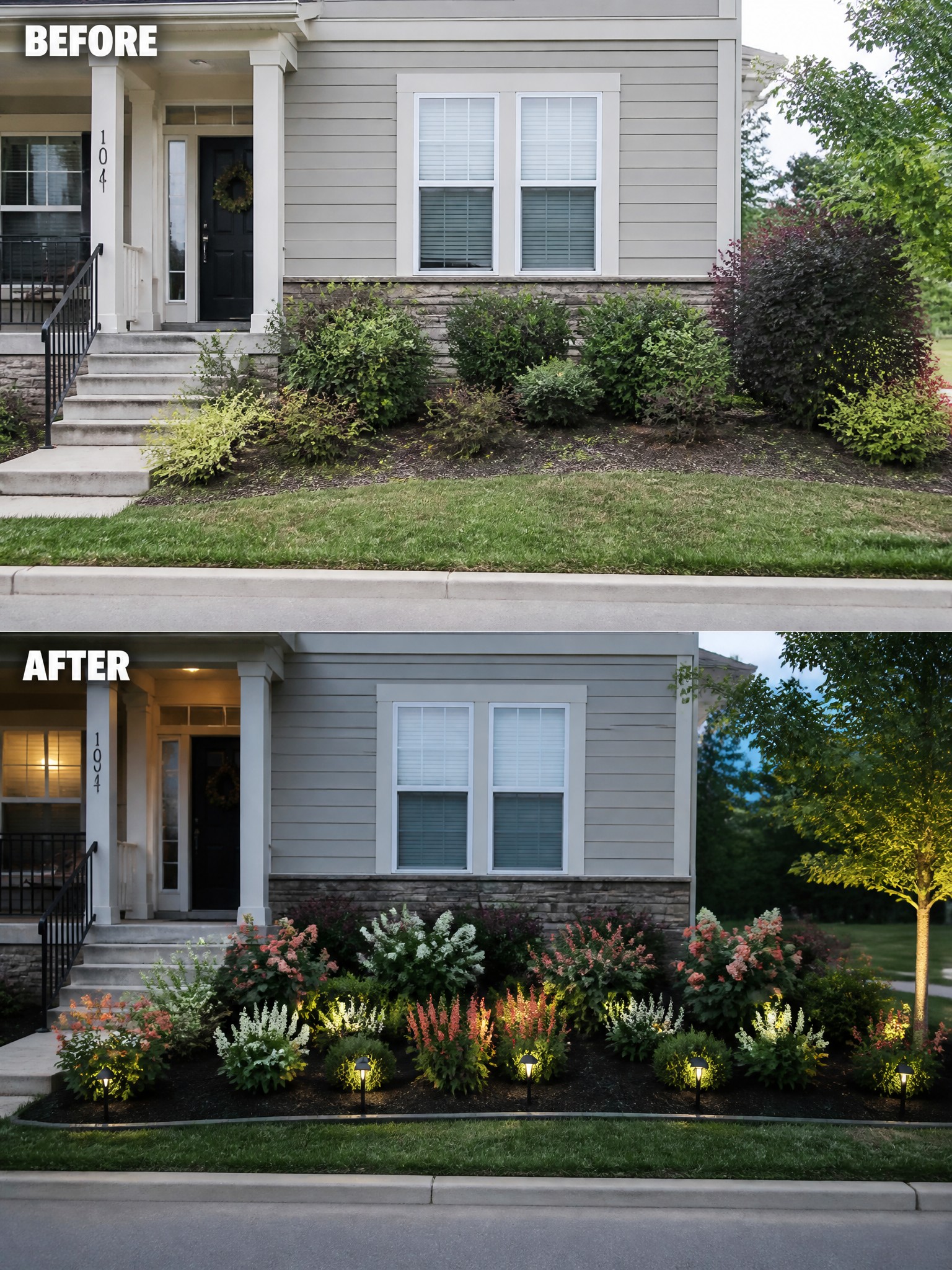 Before-and-after house landscaping with colorful flowers, shrubs, and pathway lights.